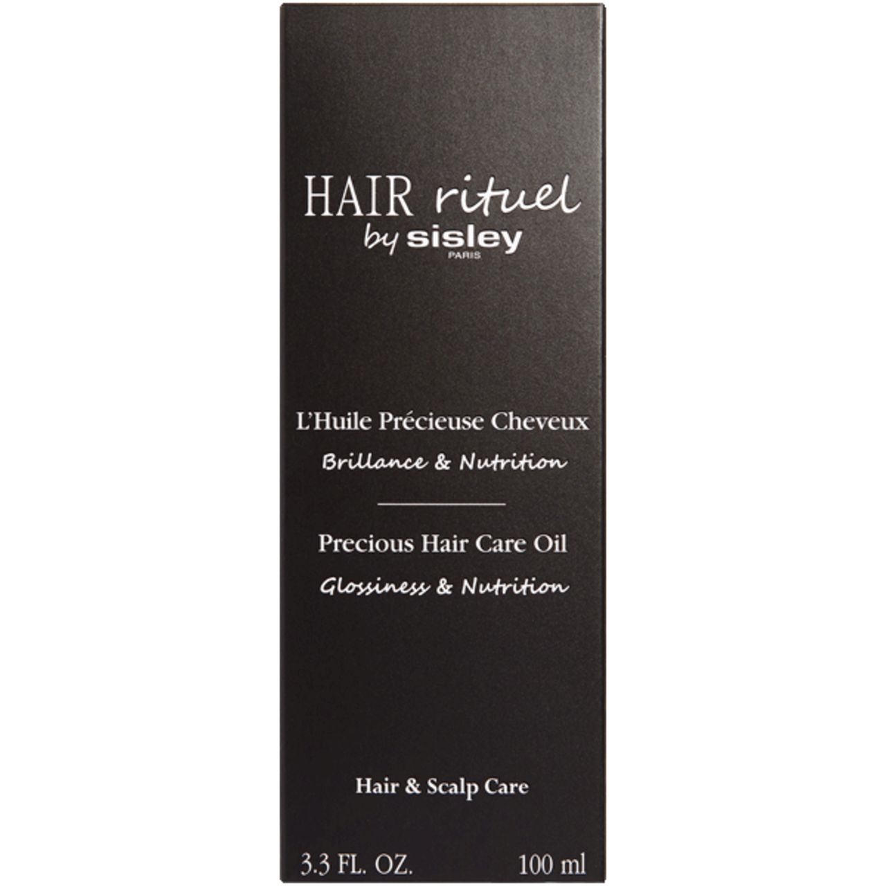 Confezione nera con testo bianco. Contiene: HAIR rituel by sisley, L'Huile Précieuse Cheveux, Precious Hair Care Oil.