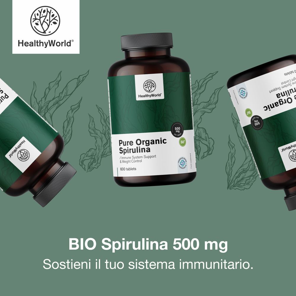 Barattolo spirulina 500 mg, simboli per peso, immunità, alto dosaggio.