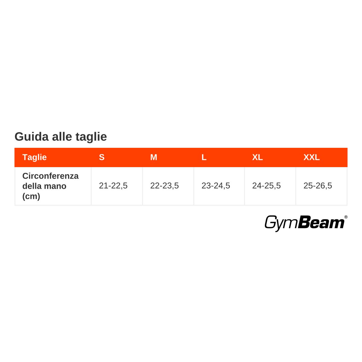 Tabella taglie guanti fitness GymBeam Dexter: S (21-22,5cm) a XXL (25-26,5cm).
