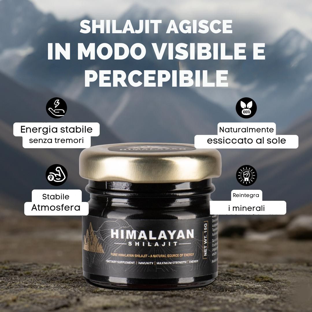 Vasetto di Shilajit e cucchiaio dosatore. Testo: Inizia la tua trasformazione in 8 settimane. Grafici con vantaggi.