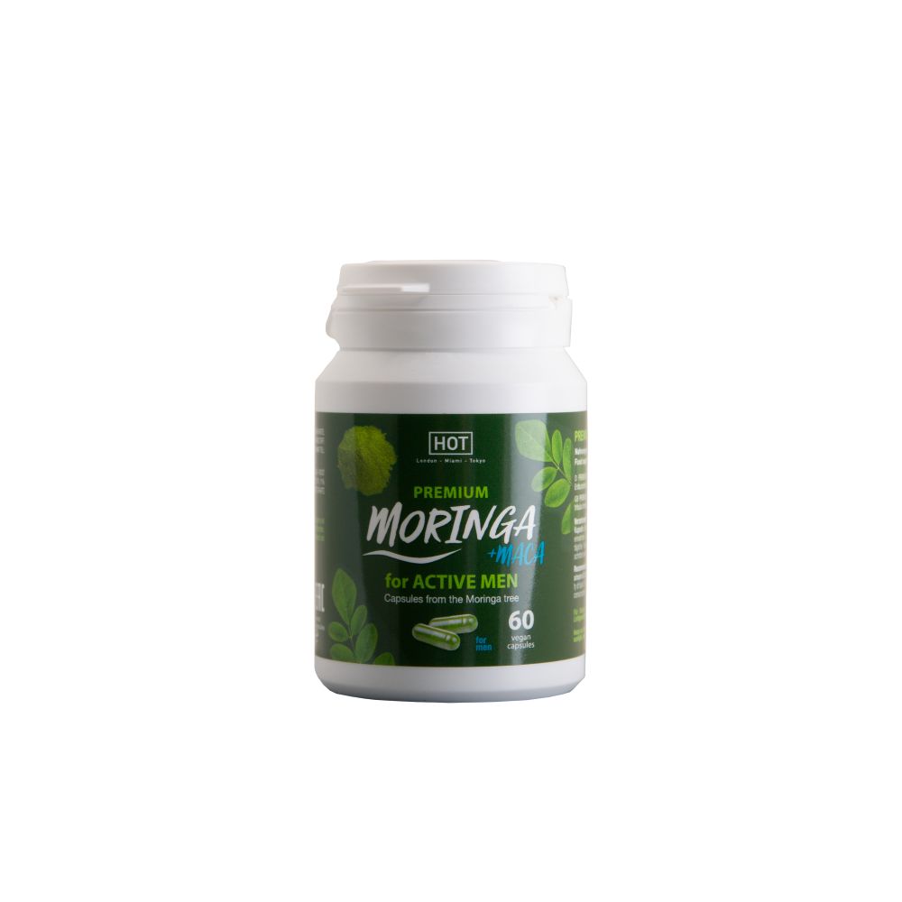 Flacone bianco con capsule Moringa + Maca. Contiene 60 capsule. Etichetta verde.