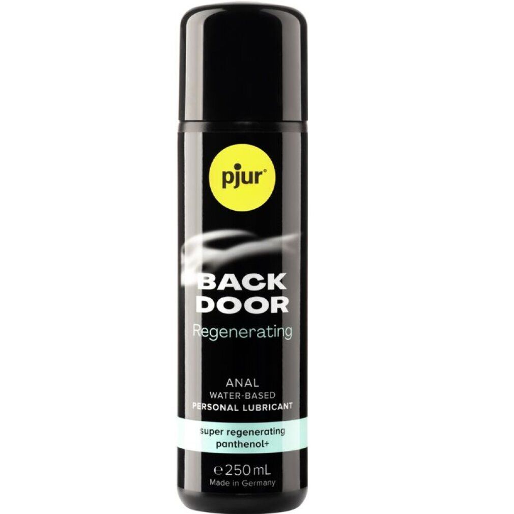 Flacone nero con tappo nero. Scritta: pjur, BACK DOOR Regenerating, ANAL WATER-BASED PERSONAL LUBRICANT. Testo verde e bianco. Made in Germany.