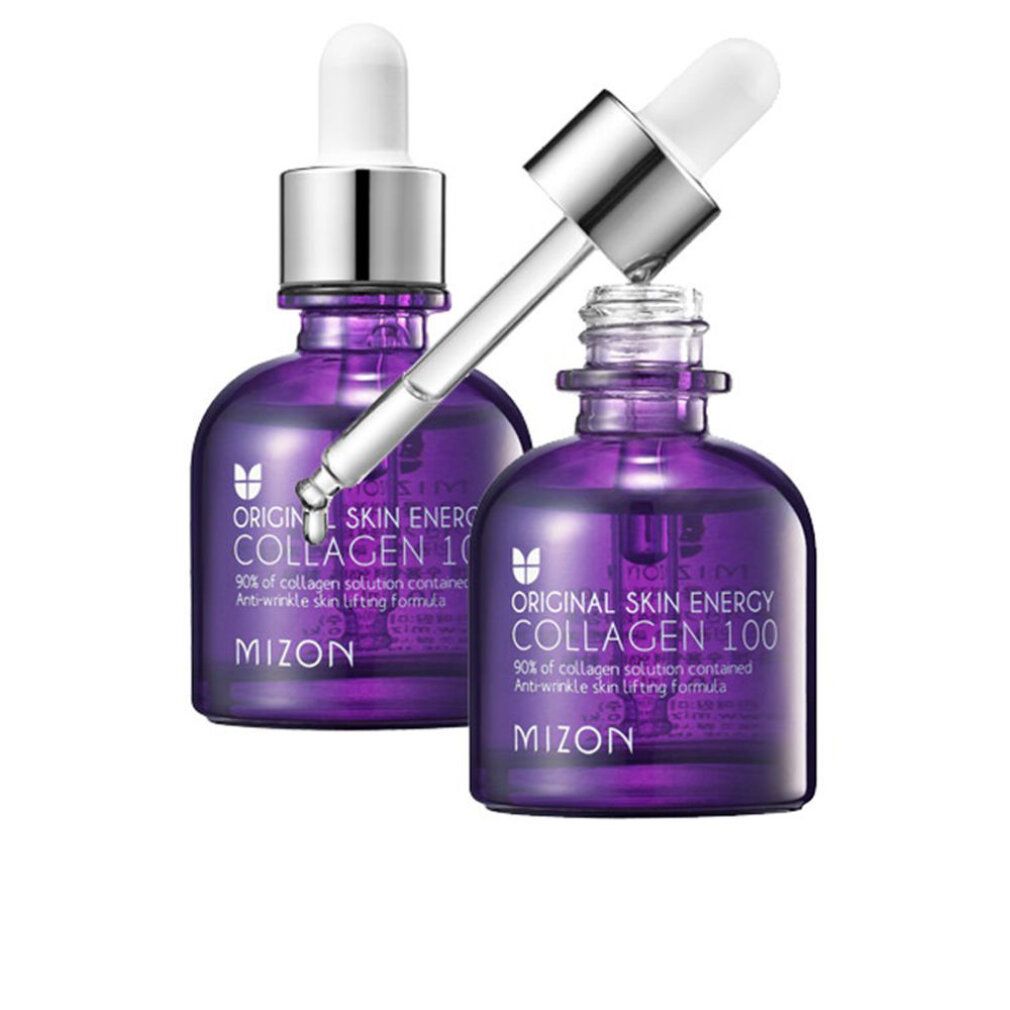 Due flaconi viola con pipette. Scritta: Original Skin Energy Collagen 100, Mizon. Pipetta sopra un flacone.