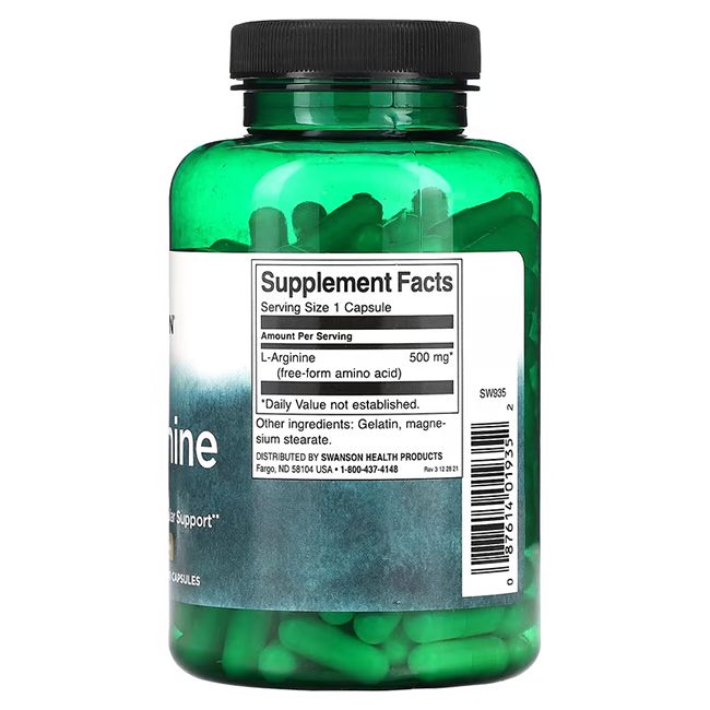 Flacone verde trasparente con capsule. Etichetta con informazioni nutrizionali. Contiene L-Arginina, 500 mg.