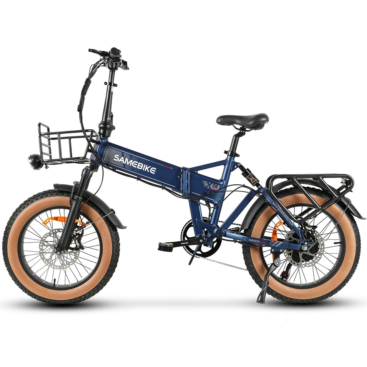 Bicicletta elettrica SAMEBIKE XWLX09-II blu, pneumatici marroni. Cestino anteriore, portapacchi. 7 velocità.
