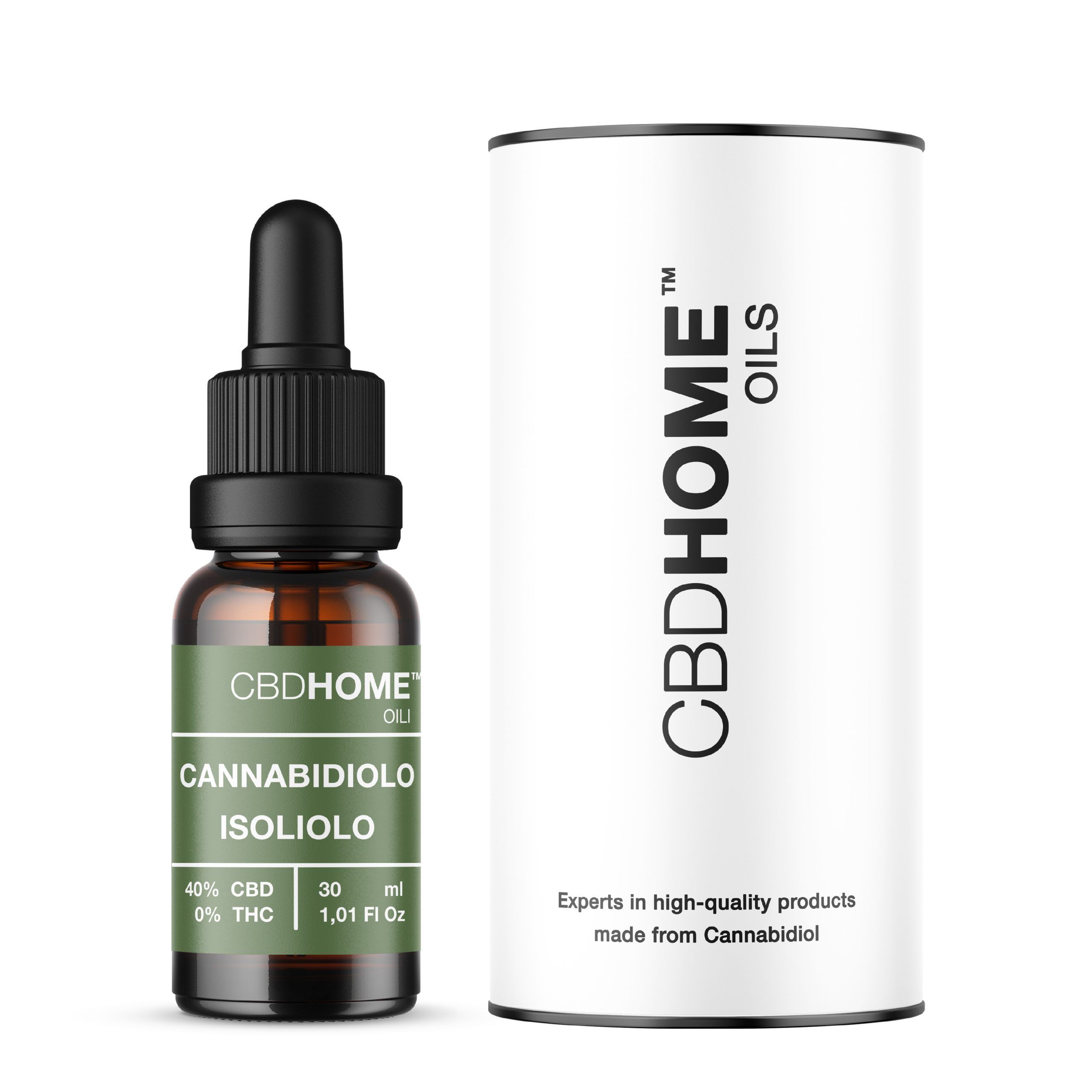 Flacone di olio CBDHOME con contagocce e confezione cilindrica. 40% CBD, 30ml.