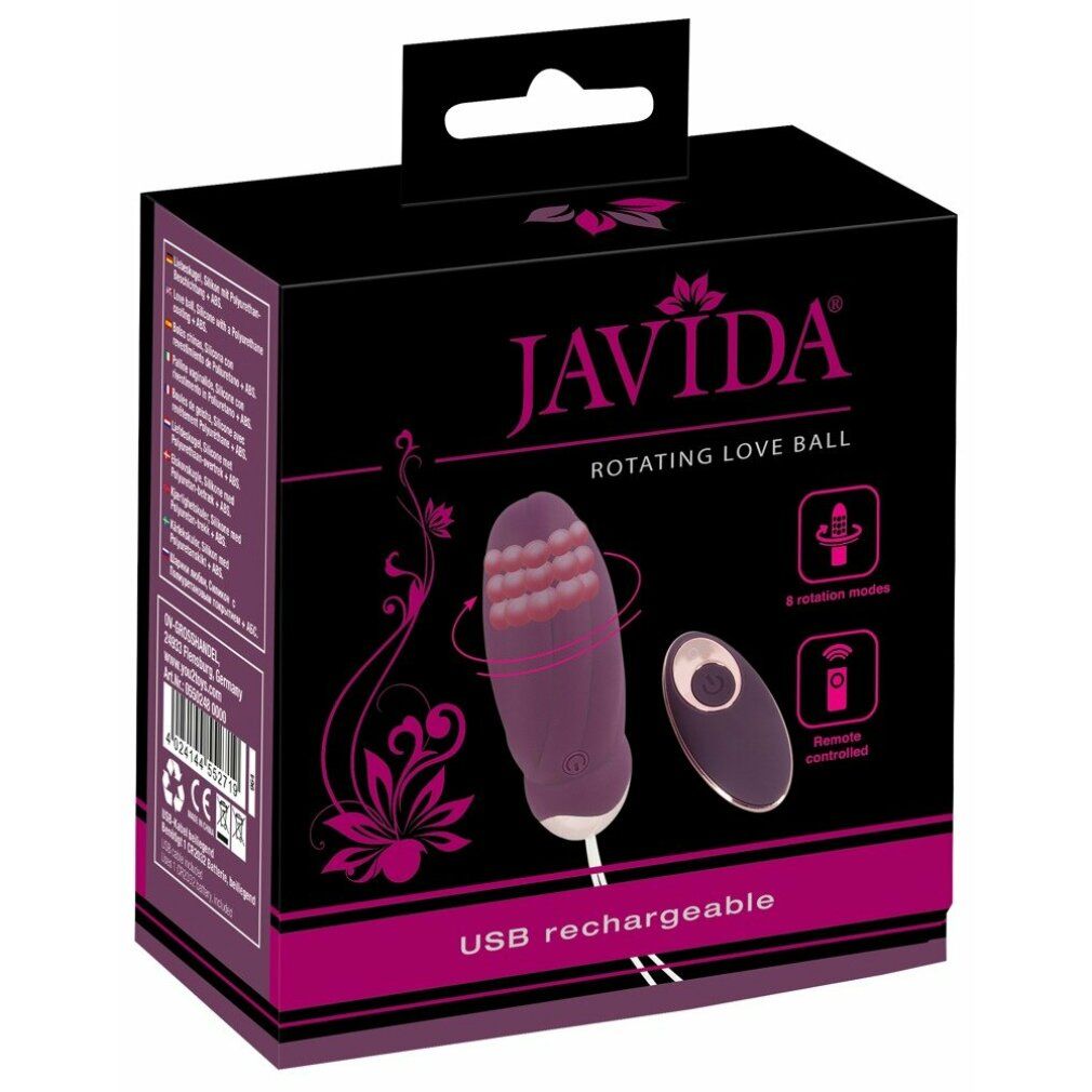 Confezione Javida Rotating Love Ball. Massaggiatore viola, telecomando e cavo USB. Scatola nera con testo e illustrazioni.