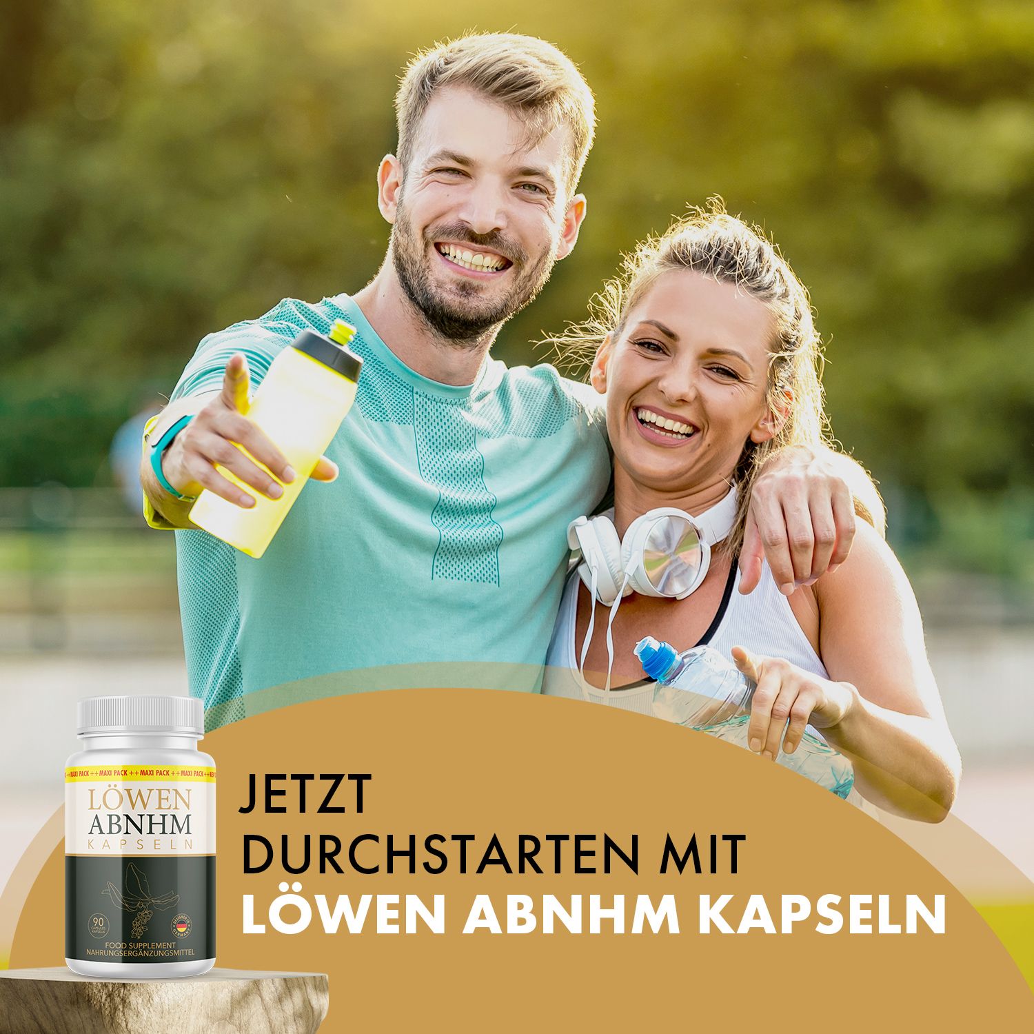 Coppia sportiva ride con bottiglie d'acqua. Barattolo LÖWEN ABNEHM KAPSELN. Testo: Inizia ora.