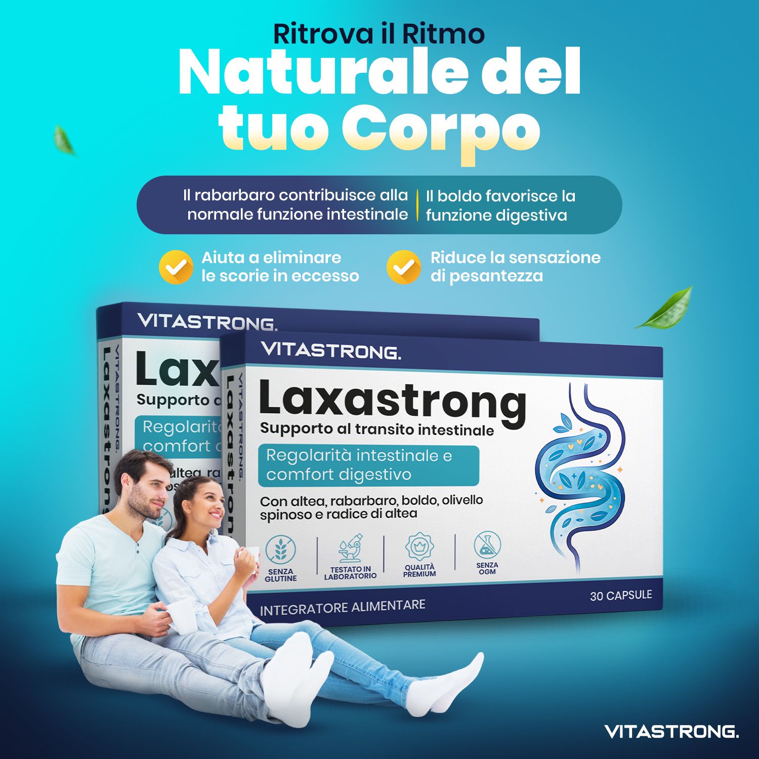 Vitastrong Laxastrong. Due confezioni. Testo: Regolarità intestinale & comfort digestivo. 30 capsule. Senza glutine, testato in lab.