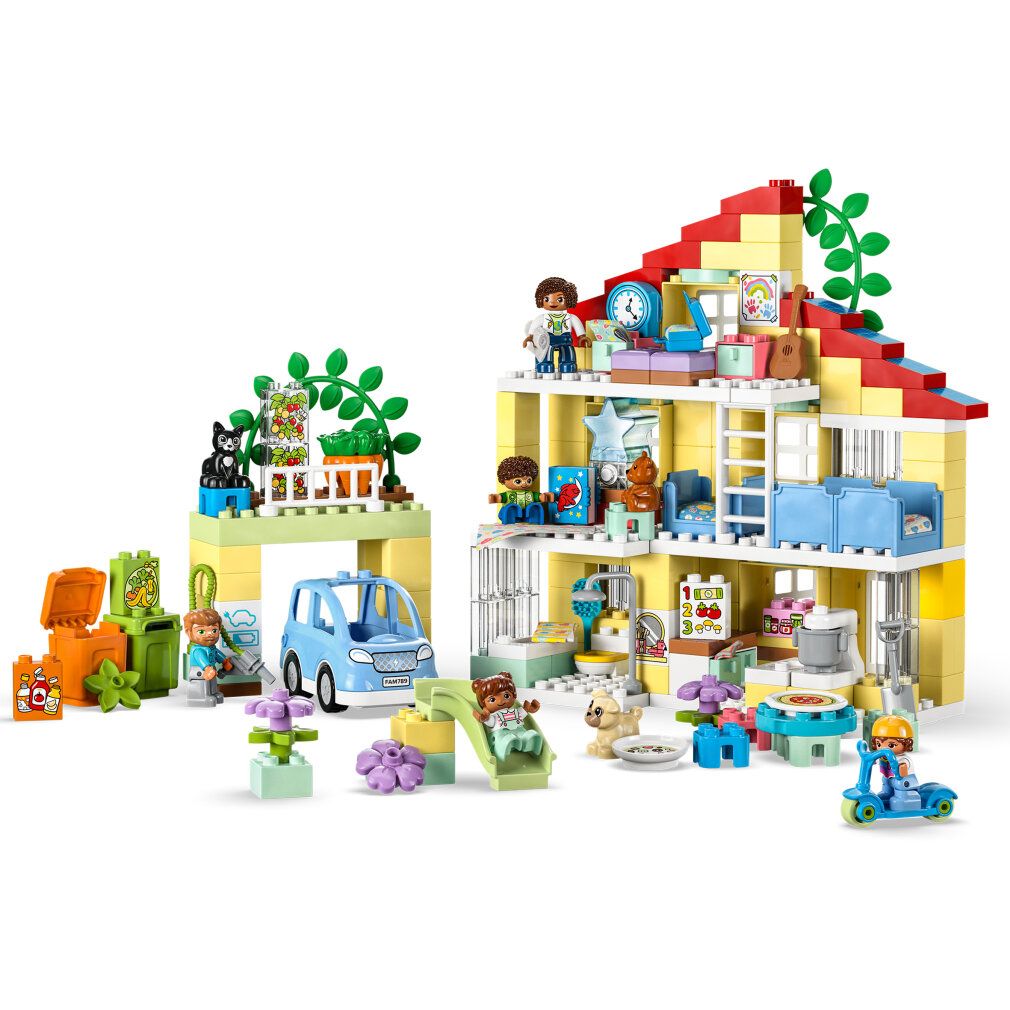 LEGO Duplo Casa famiglia 3-in-1. Casa gialla con tetto rosso, personaggi, auto, scivolo e accessori. Elementi separati.