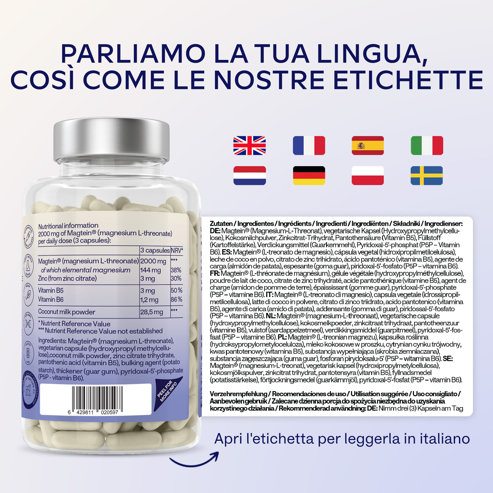 Flacone Aavalabs Magnesium L-Threonat con caratteristiche.