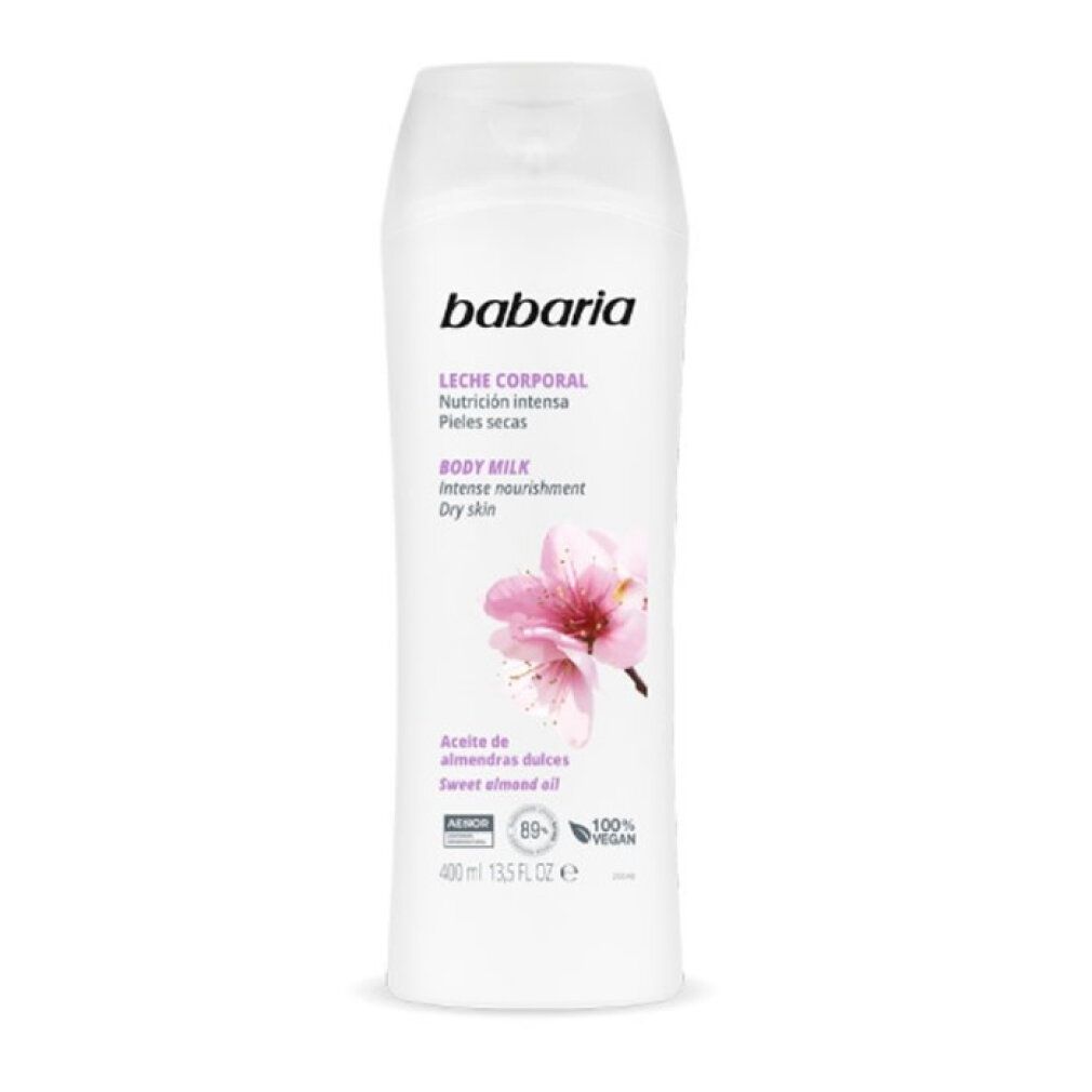 Flacone Babaria Body Milk con olio di mandorle per pelli molto secche. 400ml.
