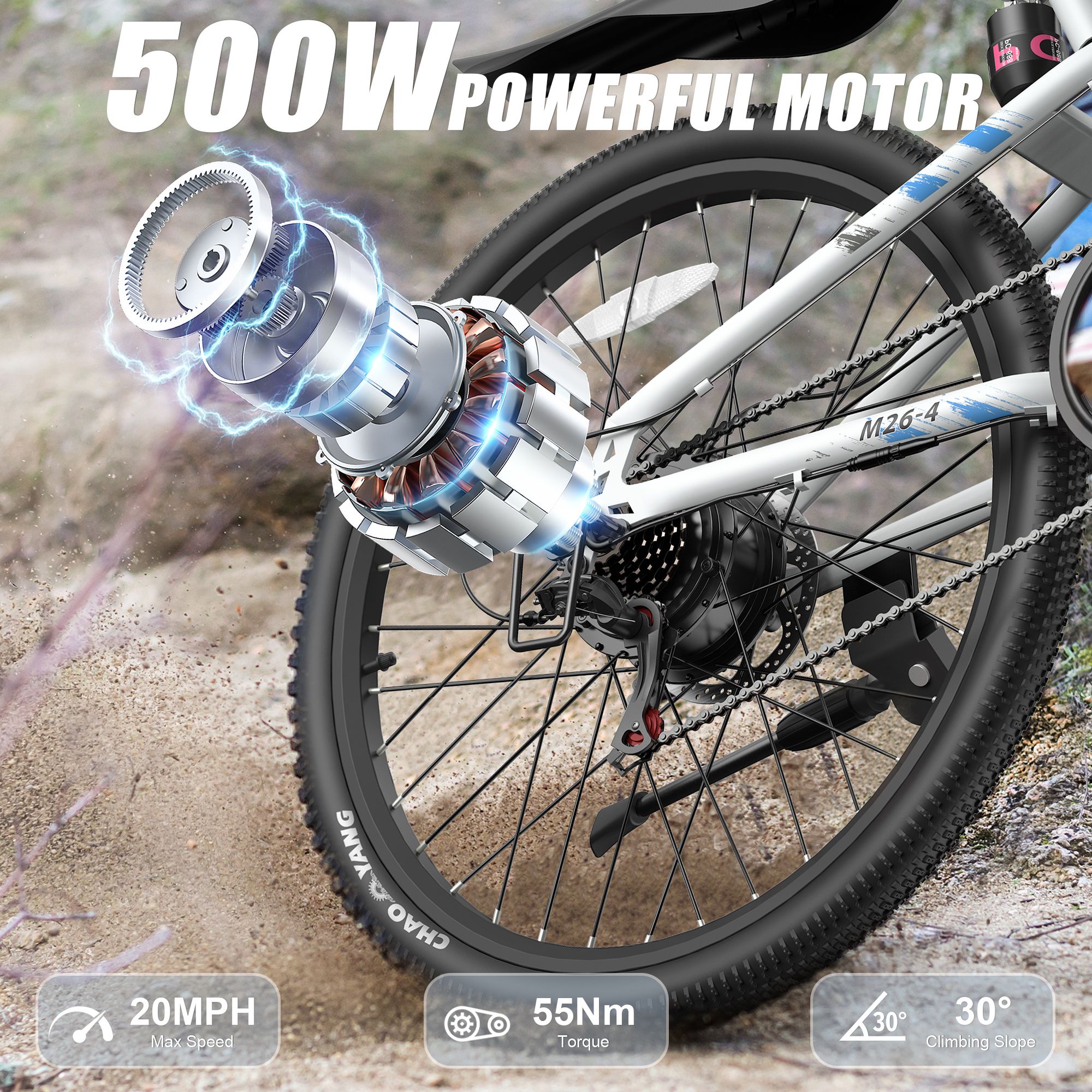 Motore e-bike da 500W. Pneumatico nero, telaio argento. Testo: 20MPH, 55Nm, capacità di salita 30°.
