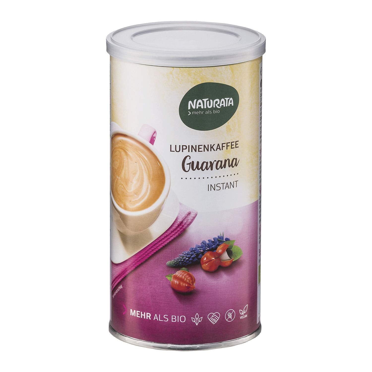 Lattina di caffè di lupini Naturata con Guaranà Istantaneo, con l'immagine di una tazza di caffè e frutti.