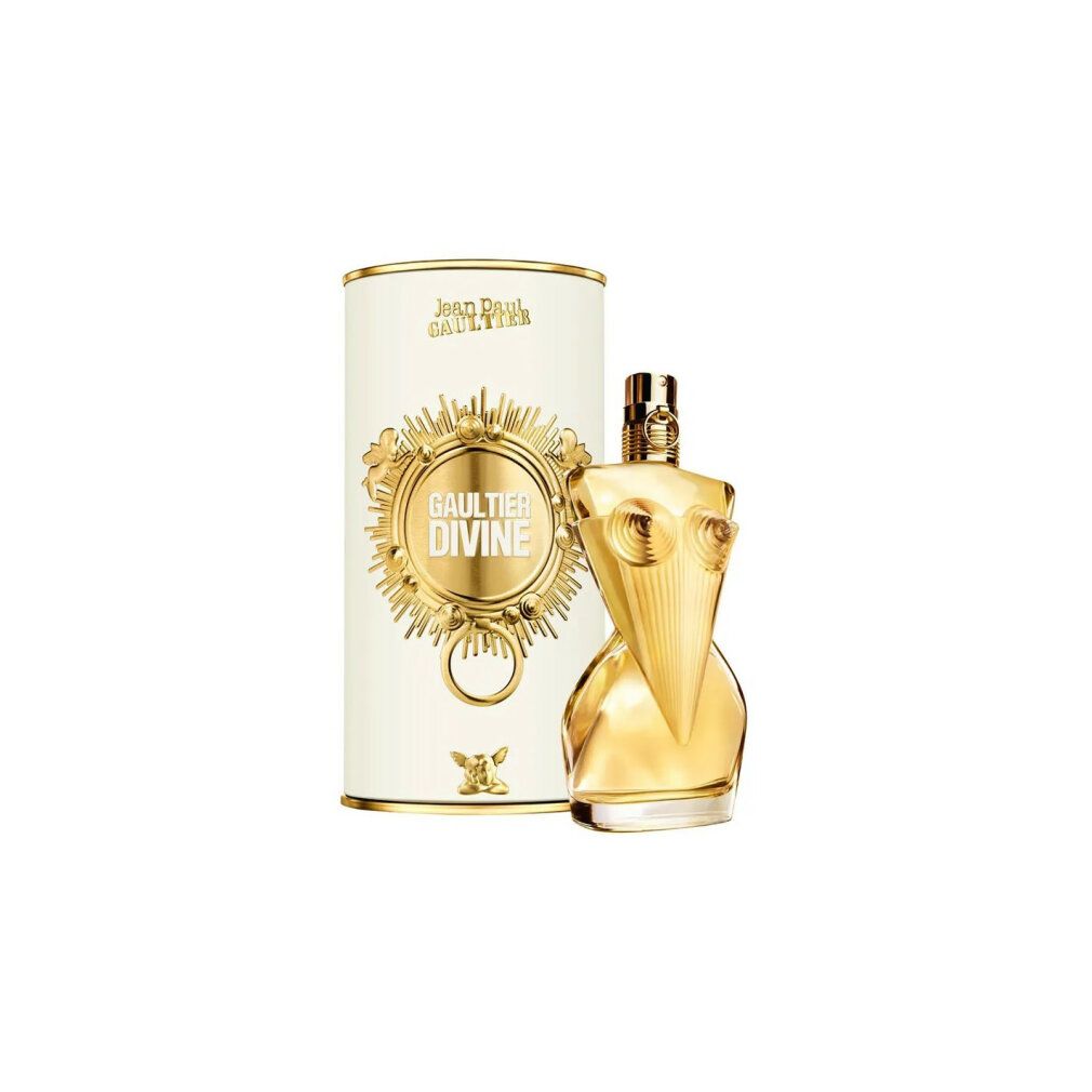 Flacone di profumo e confezione. Flacone dorato a forma di busto. Confezione cilindrica bianca con dettagli dorati e scritta.
