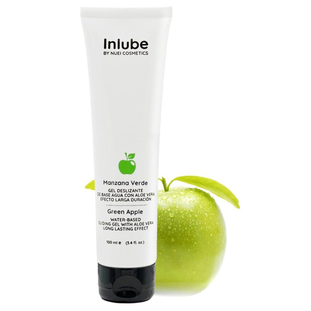 Tubo bianco con tappo nero, accanto a una mela verde. Scritta: Inlube, Manzana Verde, Green Apple. Nome del prodotto e logo.
