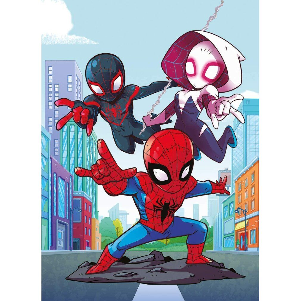 Illustrazione puzzle con tre personaggi di Spider-Man. Spider-Man nero, Spider-Gwen e Spider-Man in stile fumetto davanti a uno sfondo urbano.