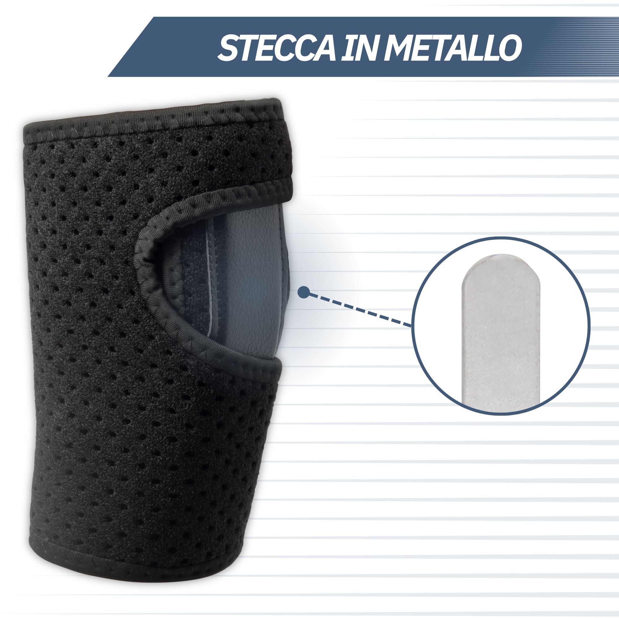 Primo piano di un tutore per polso nero con cinghie in velcro regolabili e materiale traspirante.