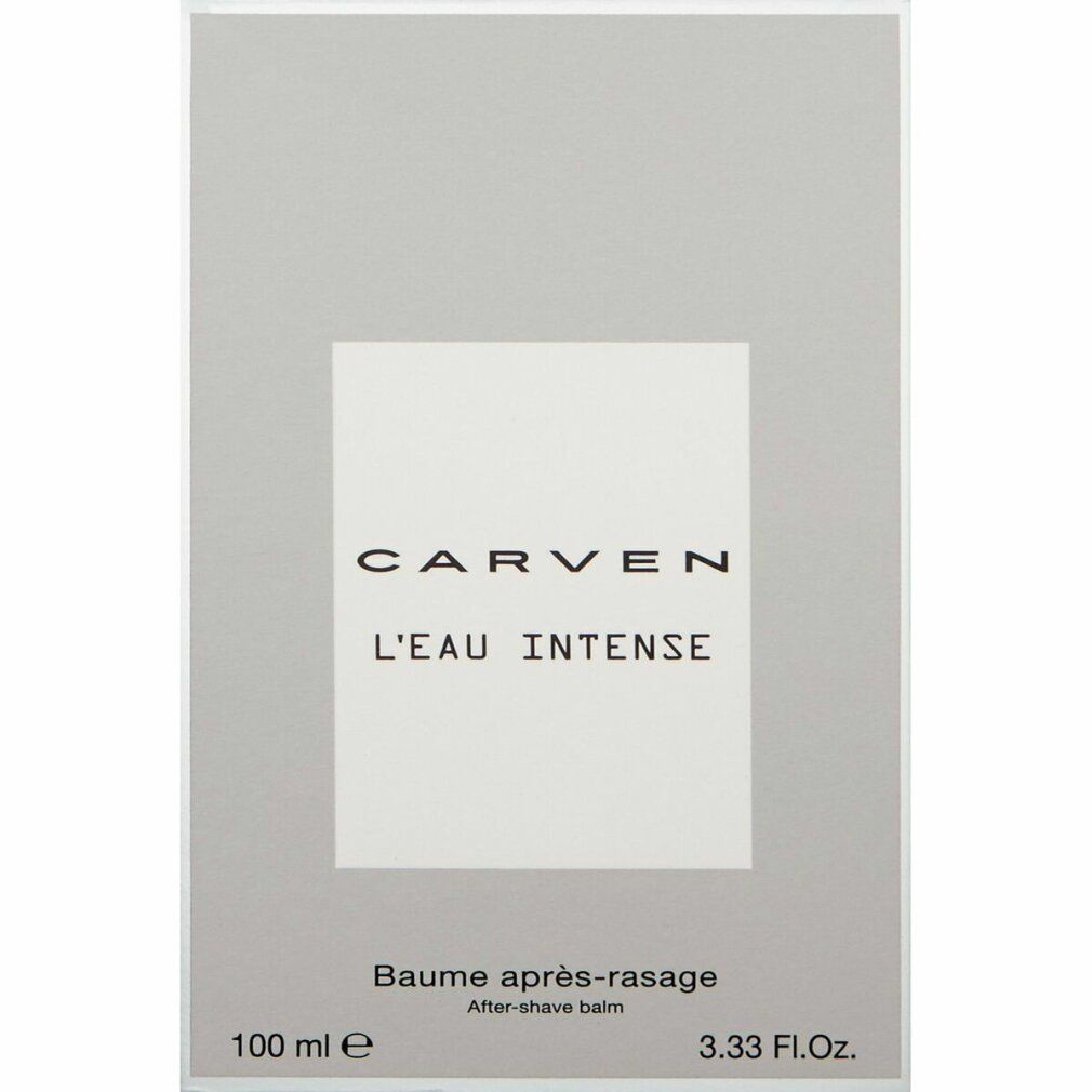 Confezione grigia con rettangolo bianco e scritta CARVEN L'EAU INTENSE. Sotto, Baume après-rasage e 100 ml.