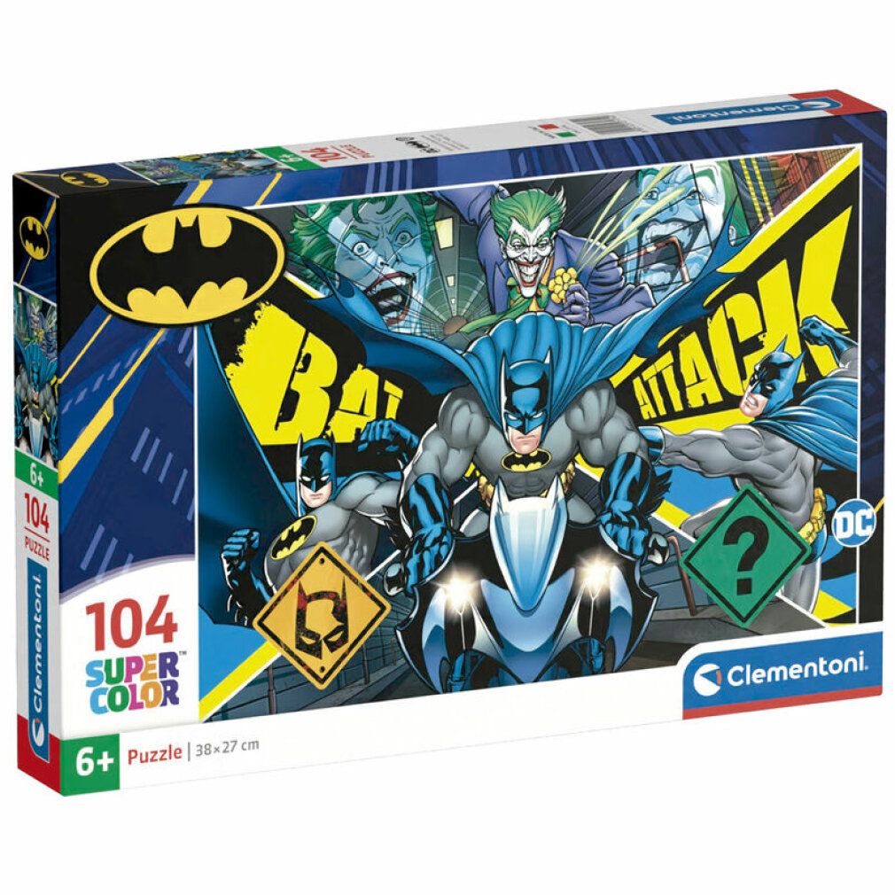 Clementoni Puzzle Batman, 104 pezzi. Confezione con motivo Batman, logo Batman, volti di Joker e scritta "BAT ATTACK".