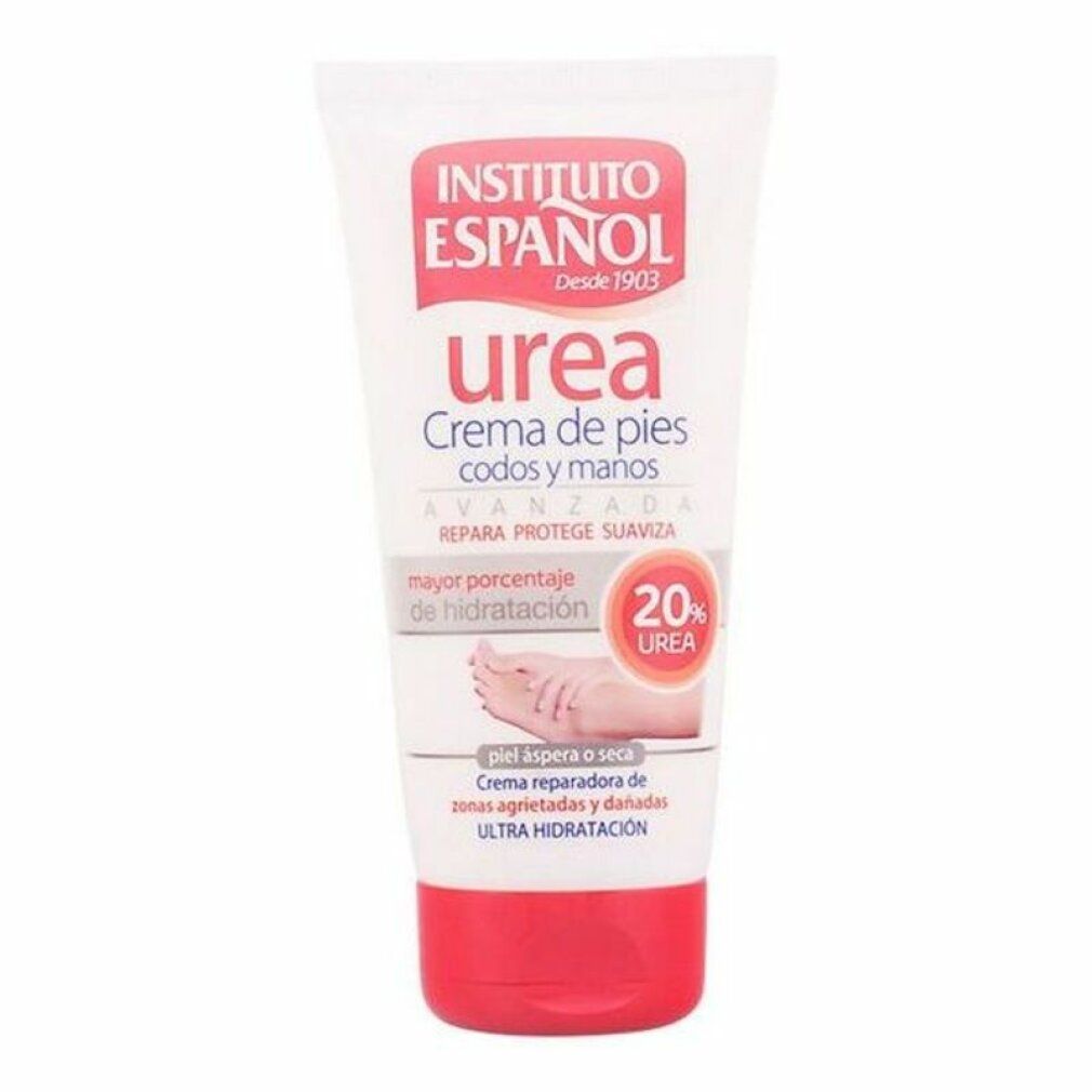 Tubo bianco con tappo rosso. Scritta: Instituto Español Urea, crema per piedi, gomiti e mani. Contiene il 20% di urea.