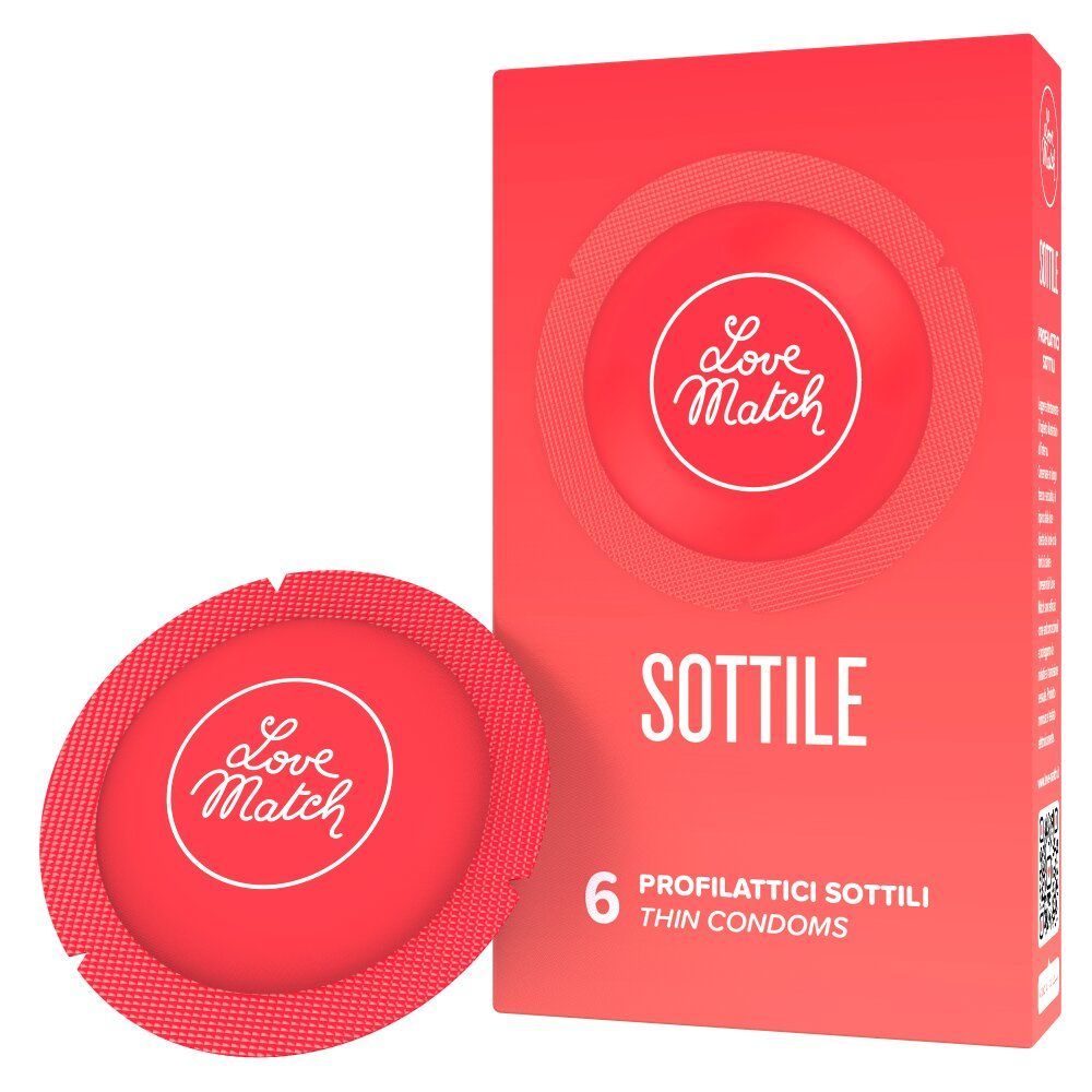 Confezione rossa e involucro singolo. Nome Sottile e logo Love Match.