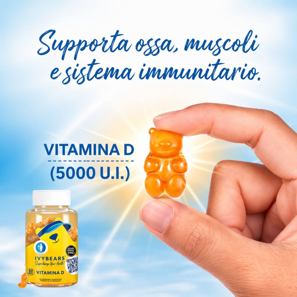 Mano che tiene un orsetto gommoso. Accanto, un flacone di orsetti gommosi alla vitamina D. Testo: Vitamina D (5000 UI).