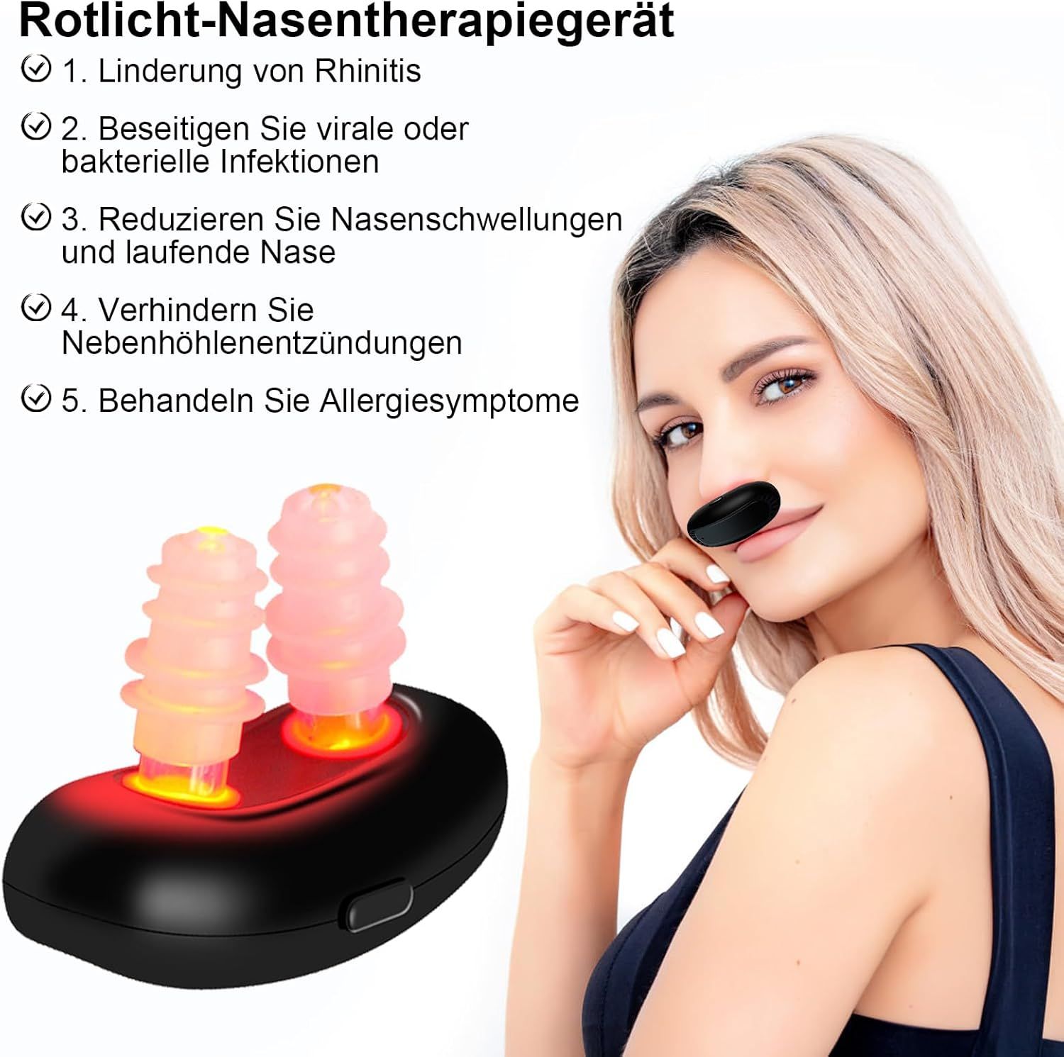 Donna con dispositivo nasale nero. Testo: Dispositivo per terapia nasale a luce rossa. 5 vantaggi elencati. Dispositivo nelle narici.