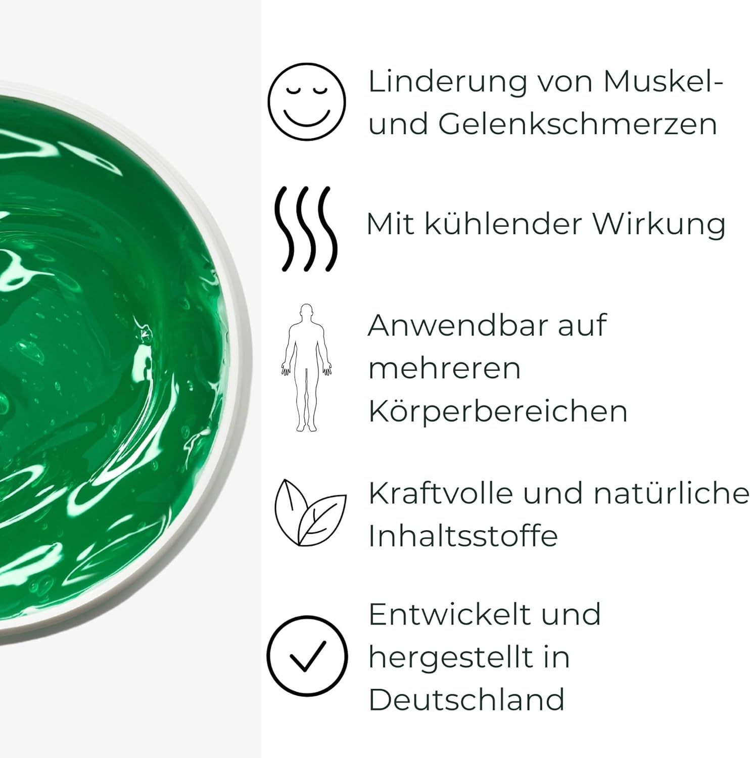 Texture gel verde. Icone di testo: dolore, raffreddamento, aree del corpo, ingredienti, prodotto in Germania.