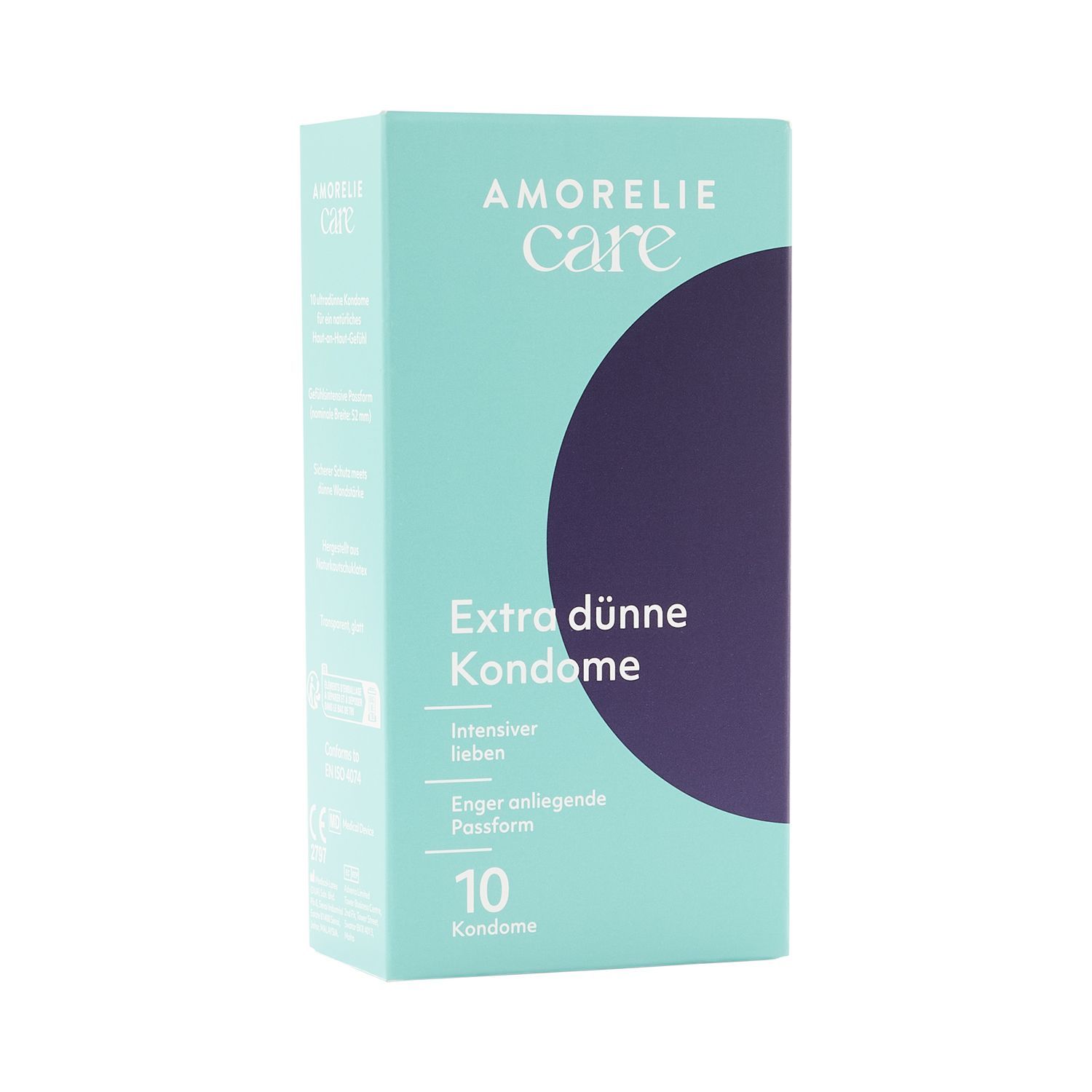 Confezione di preservativi AMORELIE Care. Scritta: Extra dünne Kondome, 10 preservativi.
