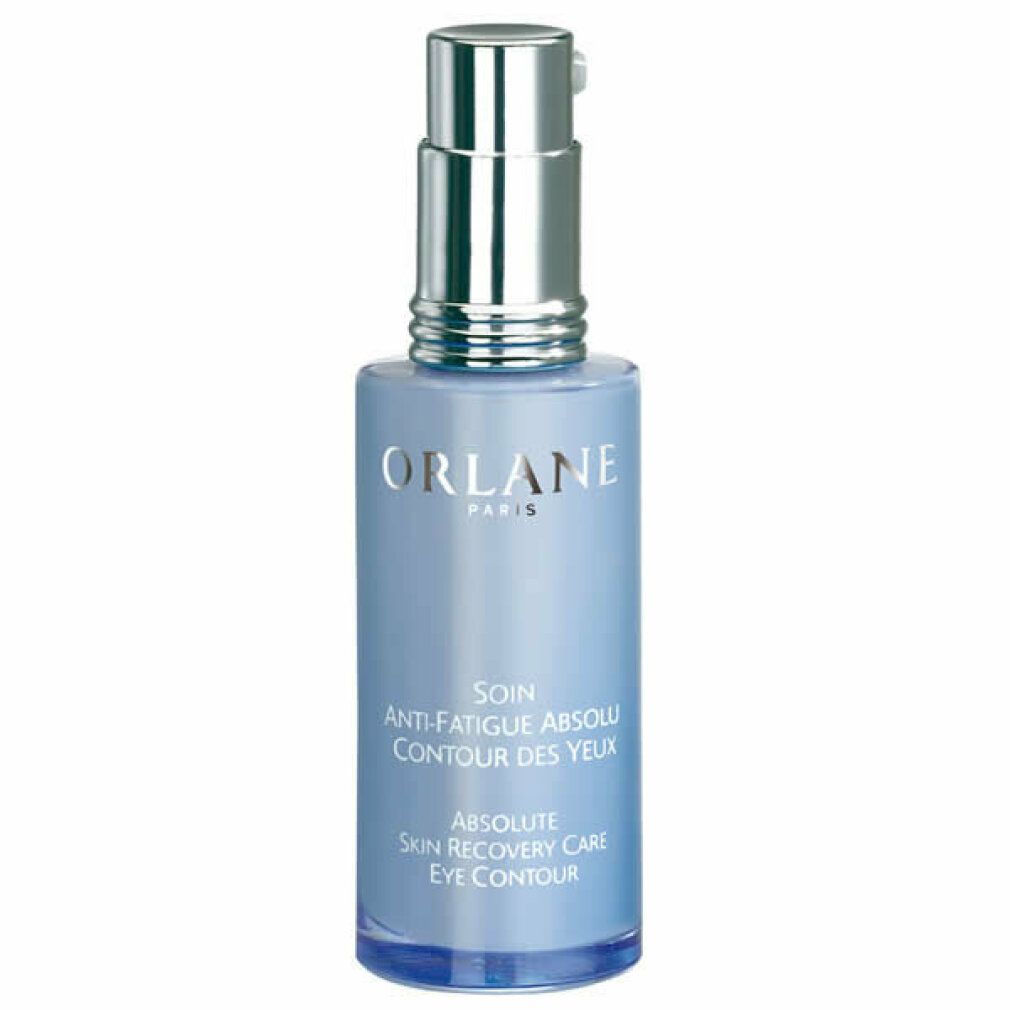 Flacone blu con vaporizzatore argentato. Scritta: ORLANE PARIS, Anti-Fatigue Absolu Contour des Yeux.