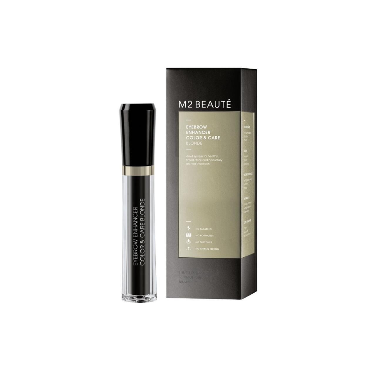 M2 Beauté Eyebrow Enhancer Color & Care Blonde, flacone e confezione.
