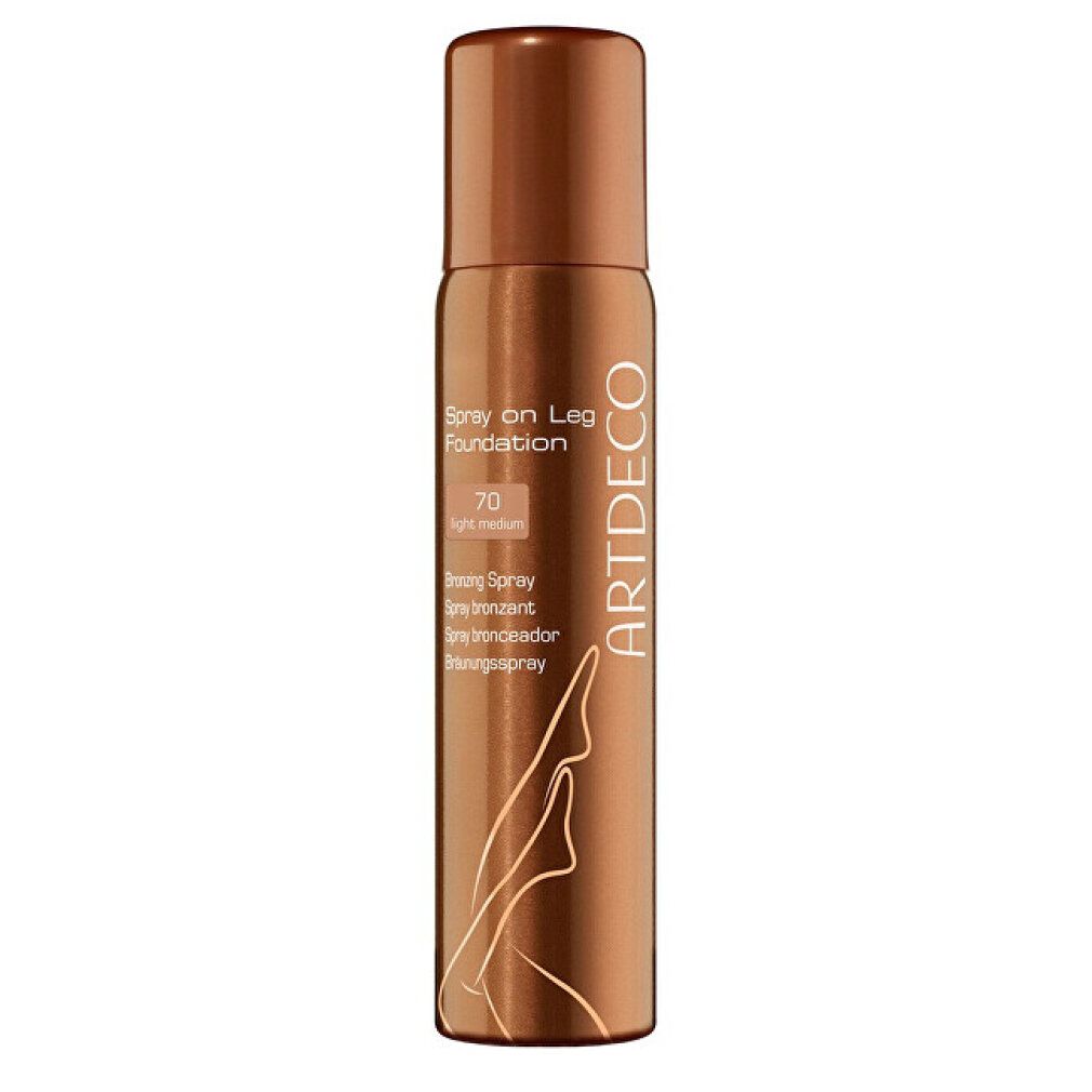 Spray on Leg Foundation Artdeco. Flacone spray marrone con informazioni prodotto e illustrazione gamba. Tonalità 70.