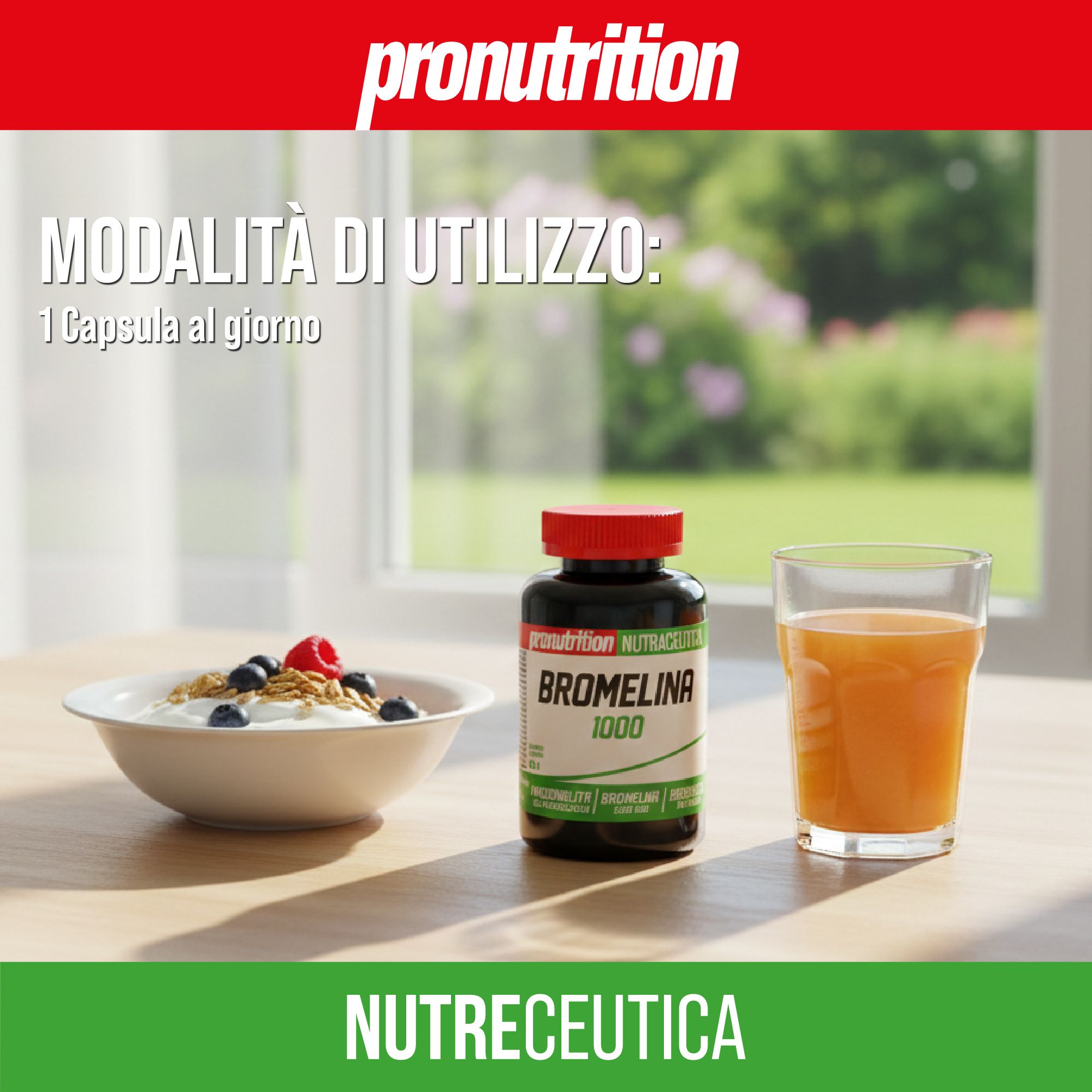 Flacone di Bromelina 1000, colazione. Bottiglia nera, tappo rosso. Scritta: Pronutrition, Nutraceutica. 1 capsula al giorno.
