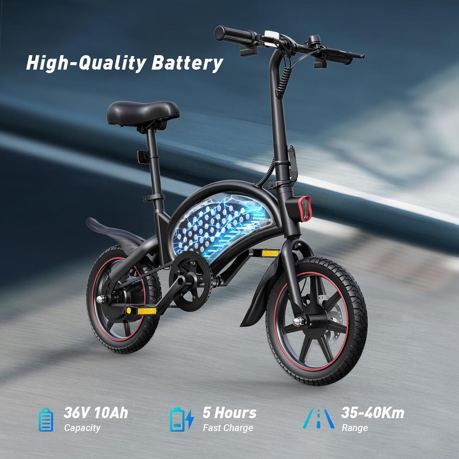 E-bike nera con cerchi rossi. Logo DYU. Batteria 36V 10Ah. 5 ore di ricarica. Autonomia 35-40km.