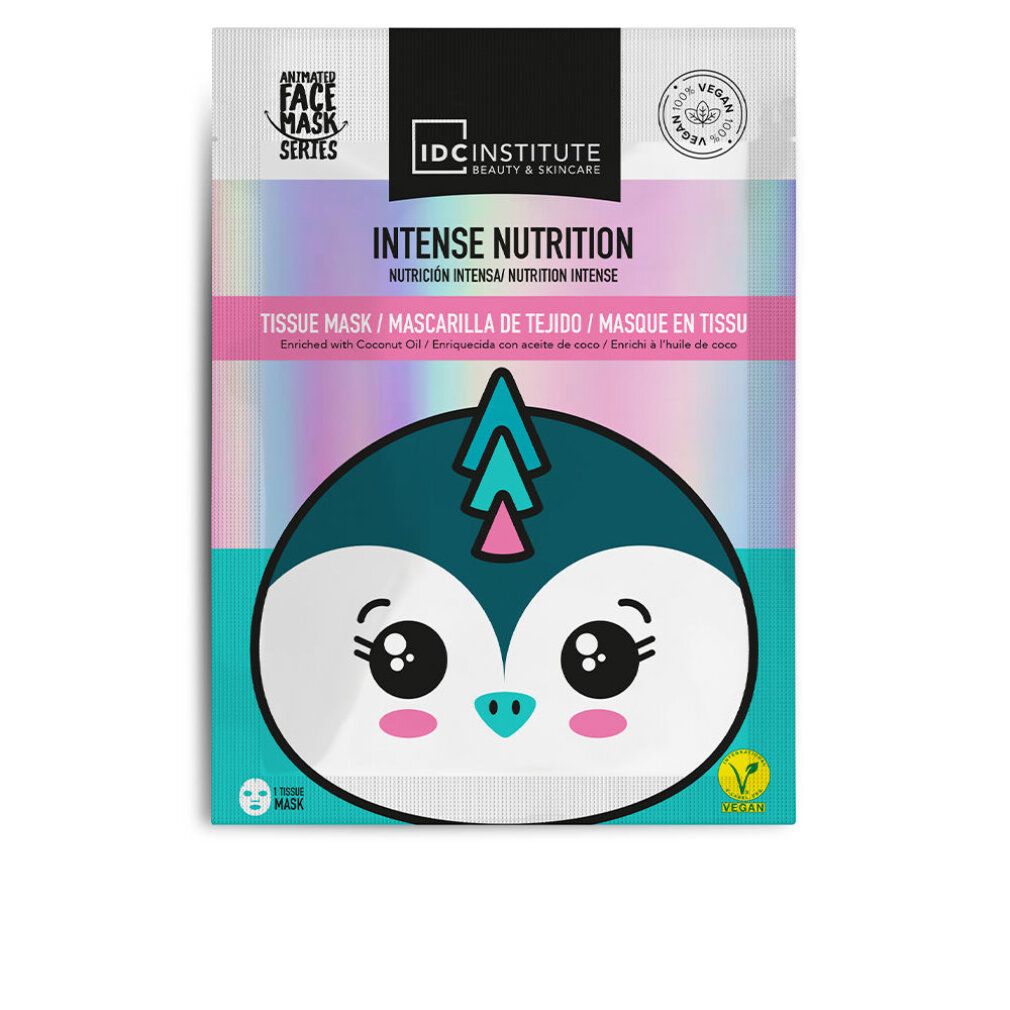 Maschera viso con design pinguino. Confezione con scritta 'Intense Nutrition' e 'Vegan'.