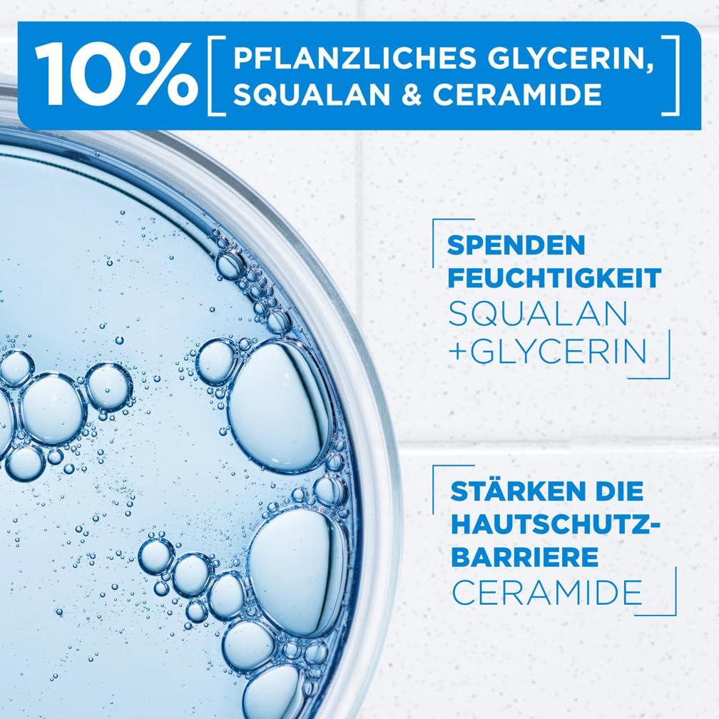 Primo piano di acqua con bolle. Testo: Idrata, rafforza la pelle, squalano + glicerina, rafforza la barriera cutanea, ceramidi.