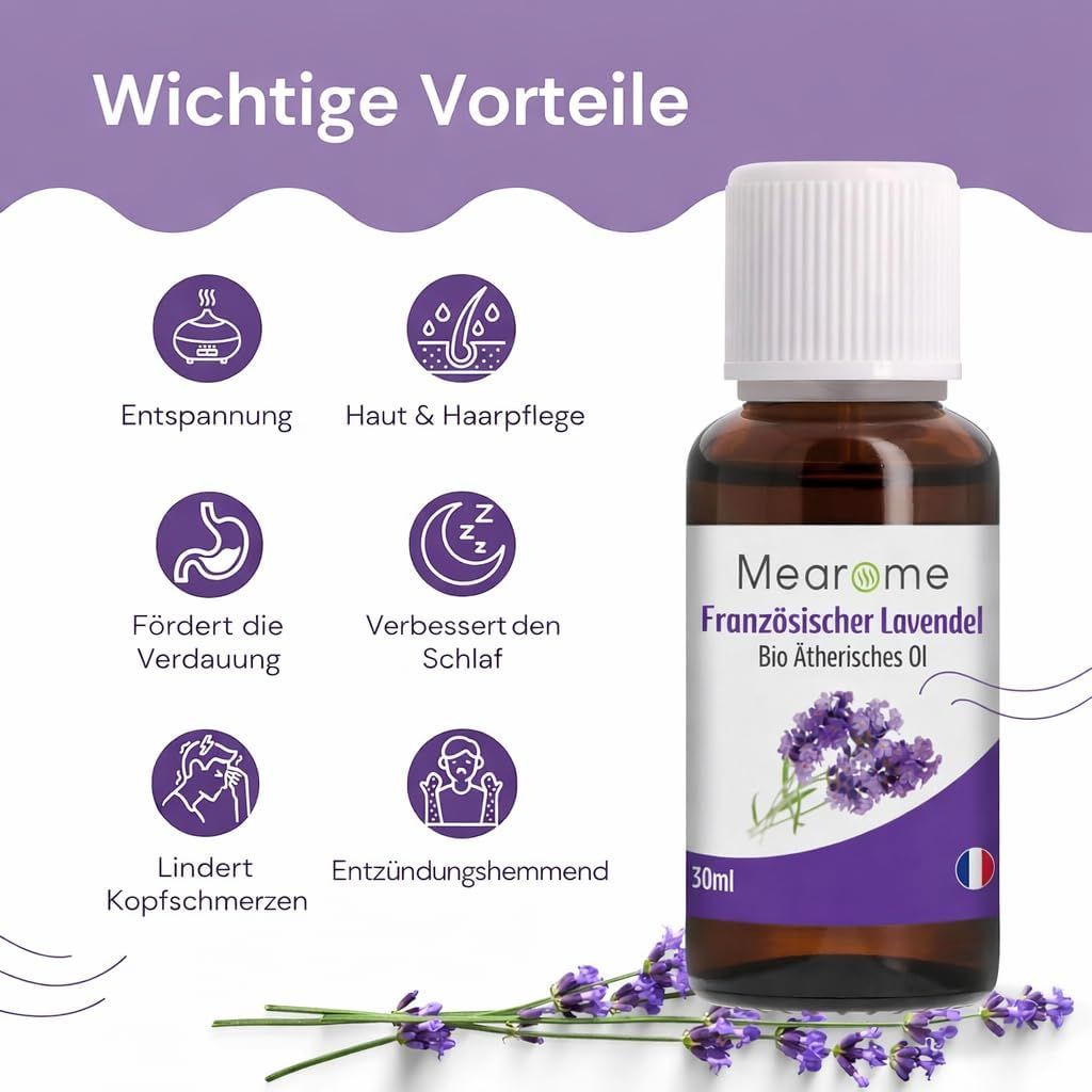 Flacone del prodotto con testo e lavanda. Bandiera francese. 30ml. Su base di legno. Vantaggi.