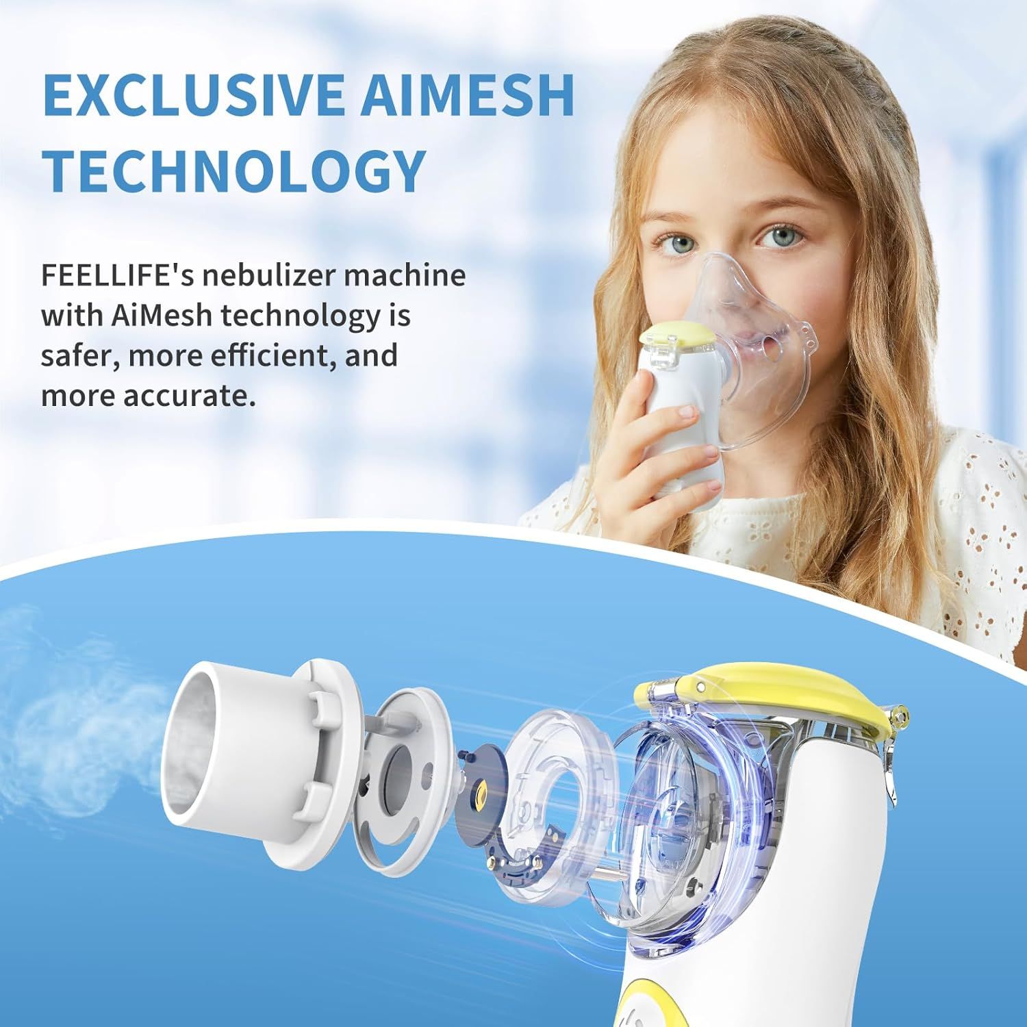 Bambina con maschera, inalatore. Testo: EXCLUSIVE AIMESH TECHNOLOGY. Inalatore FEELLIFE con tecnologia AiMesh.