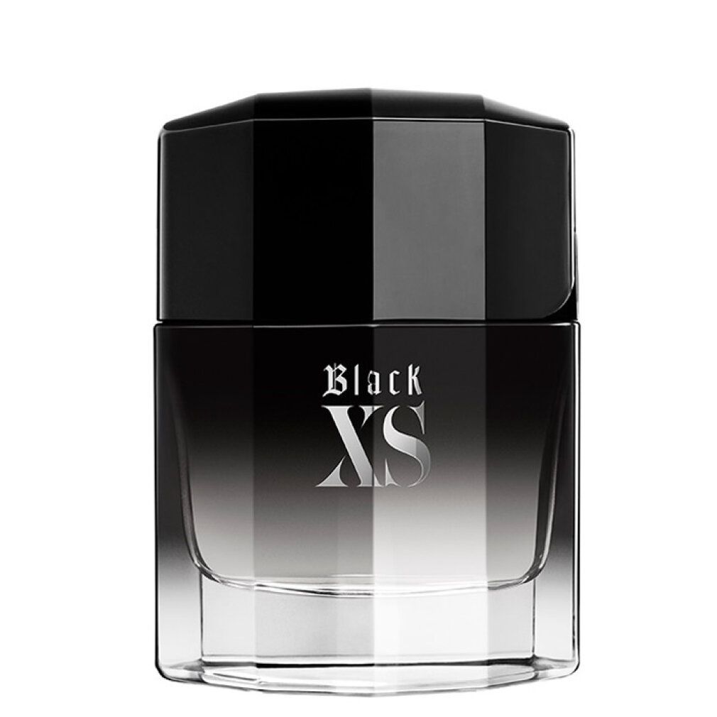Flacone nero con tappo nero. Scritta Black XS. Forma angolare.