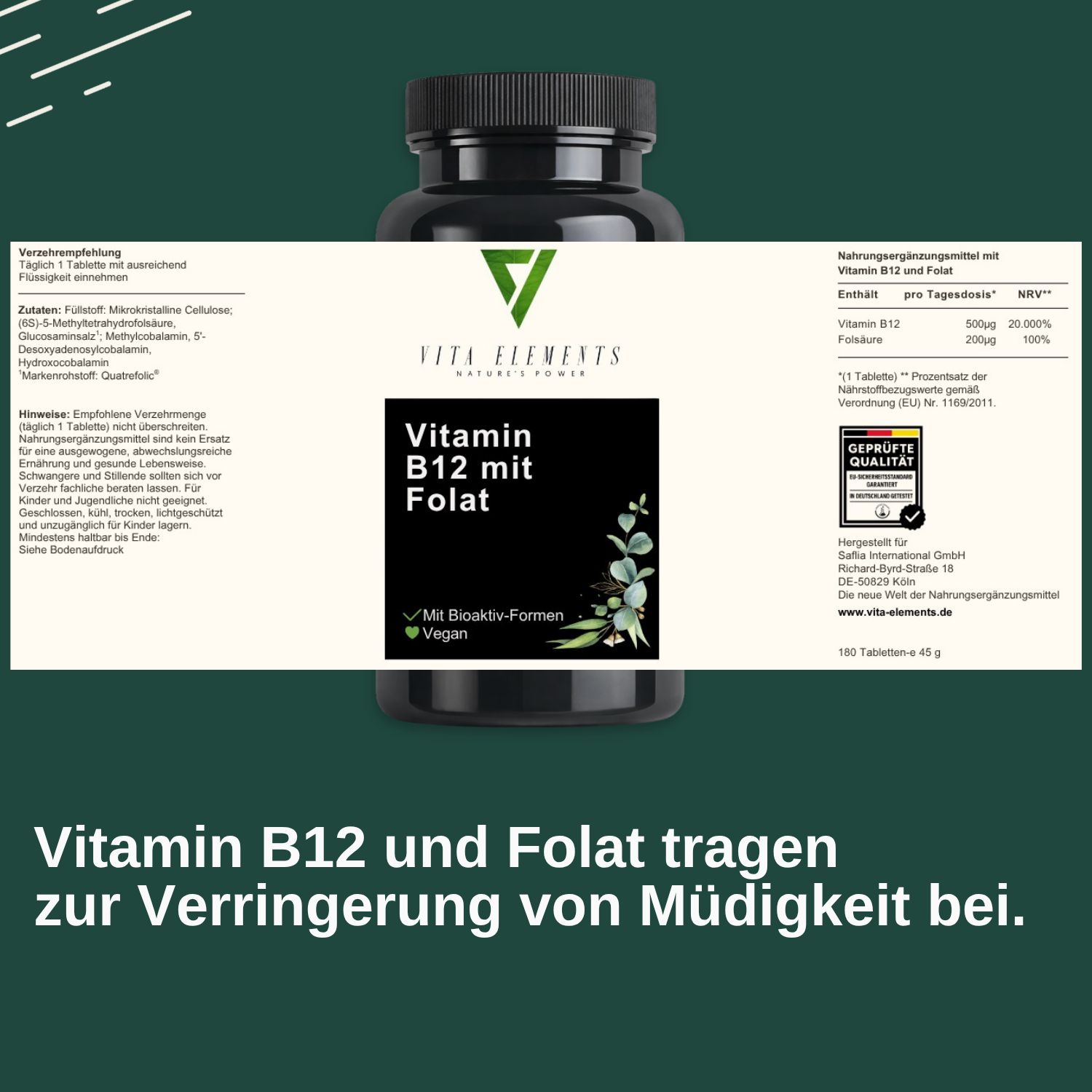 Retro del barattolo Vita Elements Vitamina B12 con informazioni nutrizionali e sigillo.