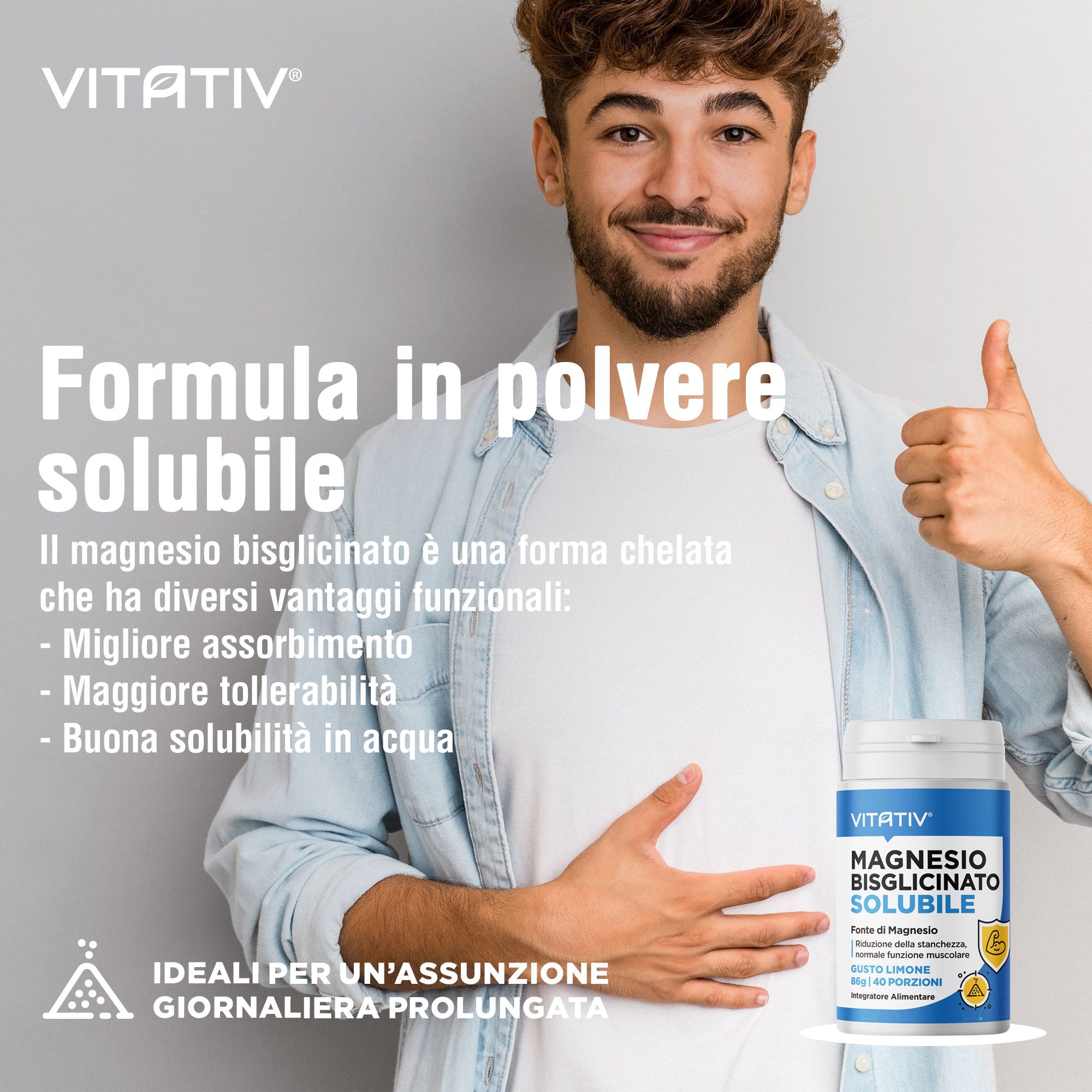 VITATIV Magnesio Bisglicinato Solubile in polvere in un contenitore blu con coperchio bianco.
