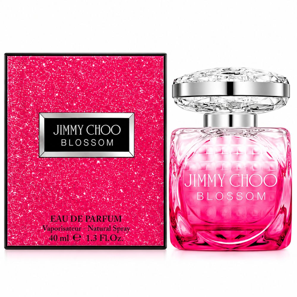 Flacone e confezione Jimmy Choo Blossom Eau de Parfum 40ml con effetto glitter.