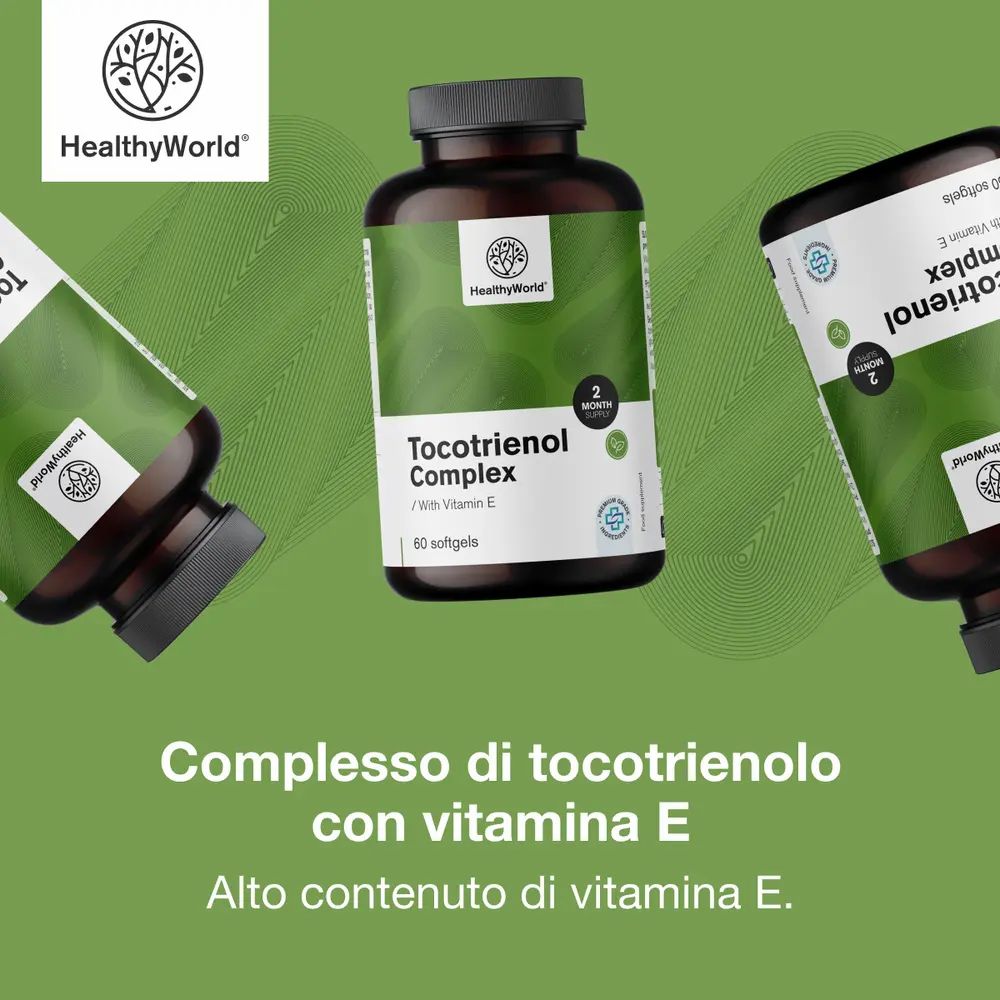 Bottiglia Tocotrienol Complex, 60 capsule molli, con logo HealthyWorld e primo piano di capsule.