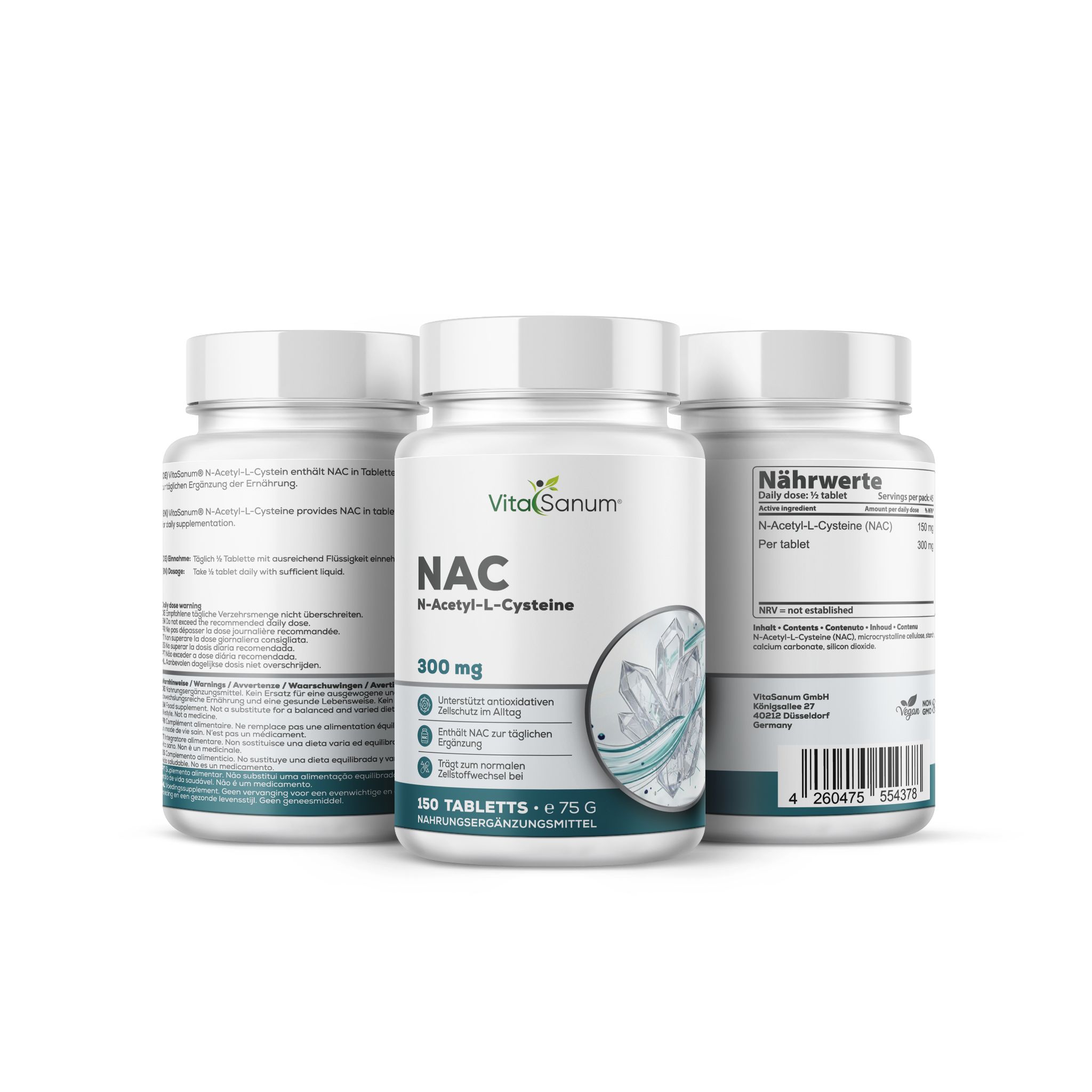 Tre flaconi VitaSanum® NAC N-Acetil-L-Cisteina 300 mg, 150 compresse.