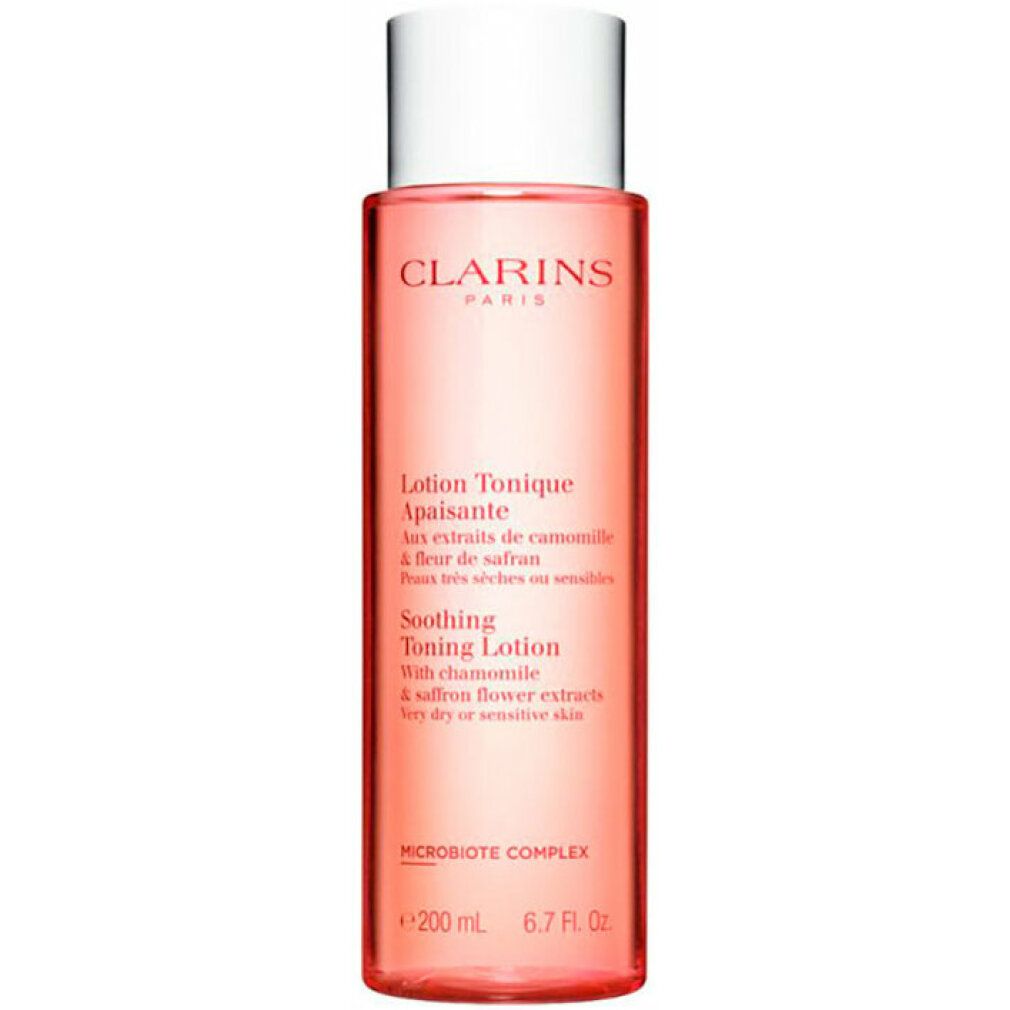 Flacone Clarins Tonico Lenitivo Fortificante. Liquido rosa, tappo bianco. Testo: Lotion Tonique Apaisante, Soothing Toning Lotion.