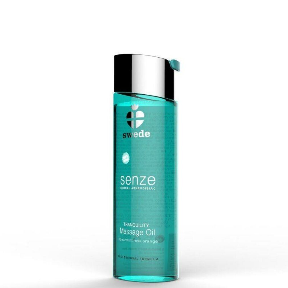 Flacone turchese con tappo argentato. Scritta: swede, senze, Massage Oil. Testo: Spearmint Rose Orange.