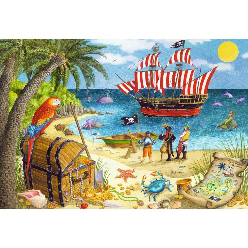 Pezzo di puzzle con motivo pirati e sirene. Nave pirata, forziere del tesoro, pappagallo, spiaggia, sirena e pirati.