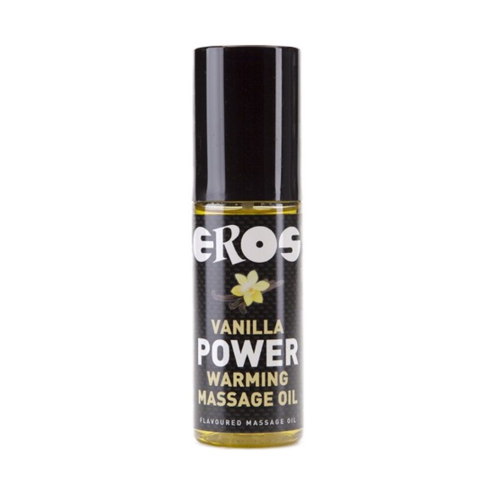 Flacone cilindrico con tappo nero. Scritta: EROS, VANILLA POWER, WARMING MASSAGE OIL. Liquido giallo visibile.