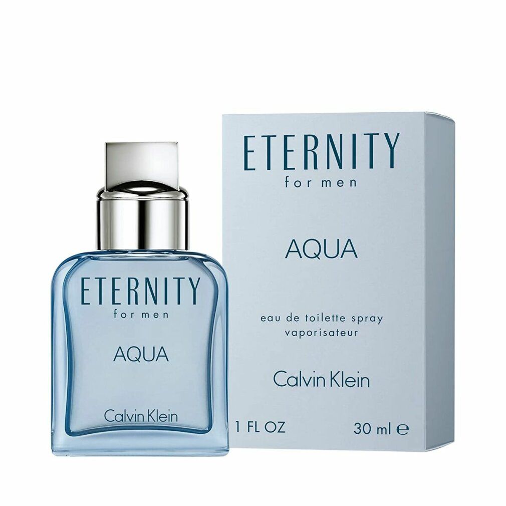 Spray Eau de Toilette azzurro con scatola. Scritta: ETERNITY for men AQUA, Calvin Klein. 1 FL OZ, 30 ml.